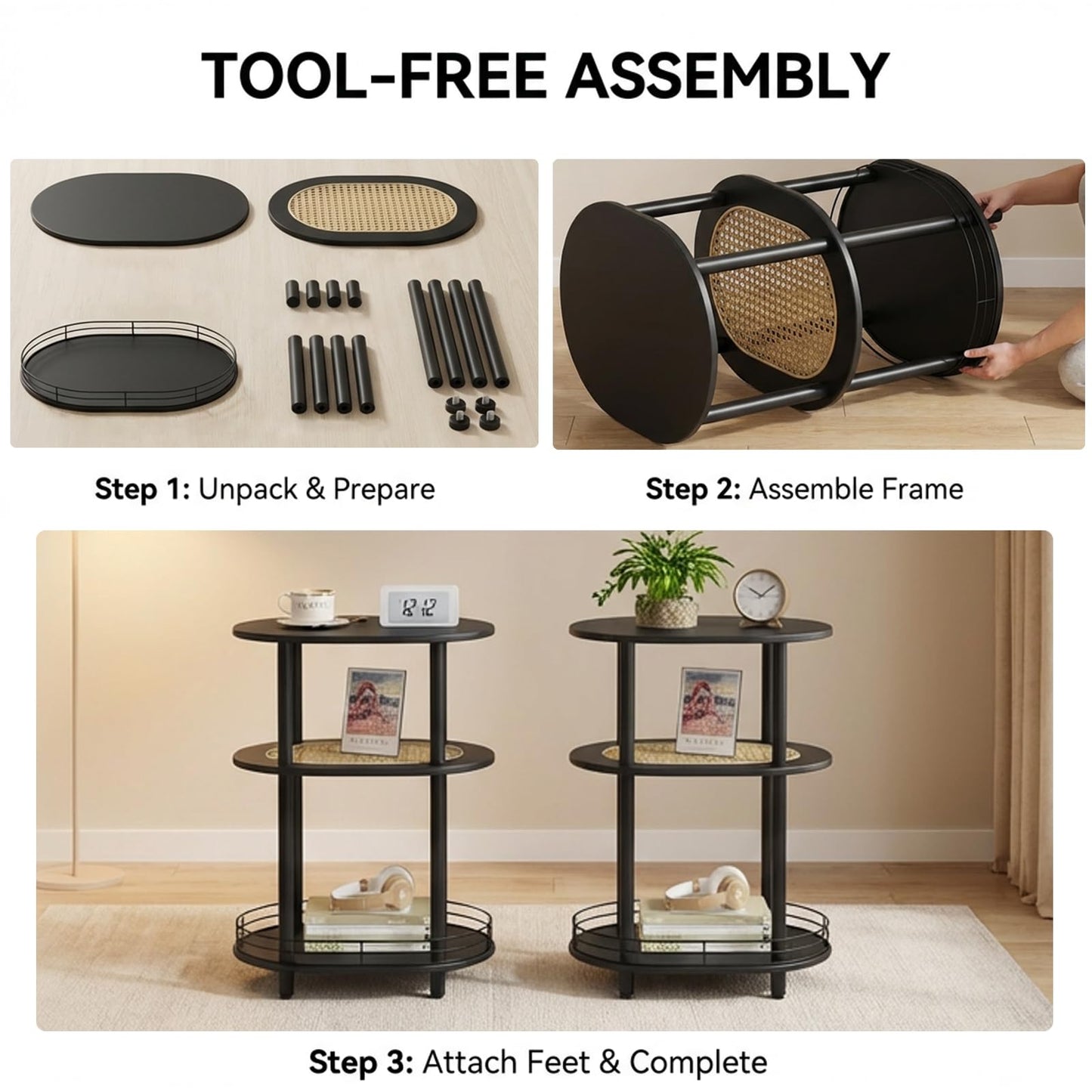 Small Rattan Side/Accent Table with Storage, 3 Tier Round/Oval End Table with Rattan Shelf & Metal Basket, Boho Nightstand, Tool Free Assembly/Screw-Hole Free Tabletop-Living Room Bedroom-Black