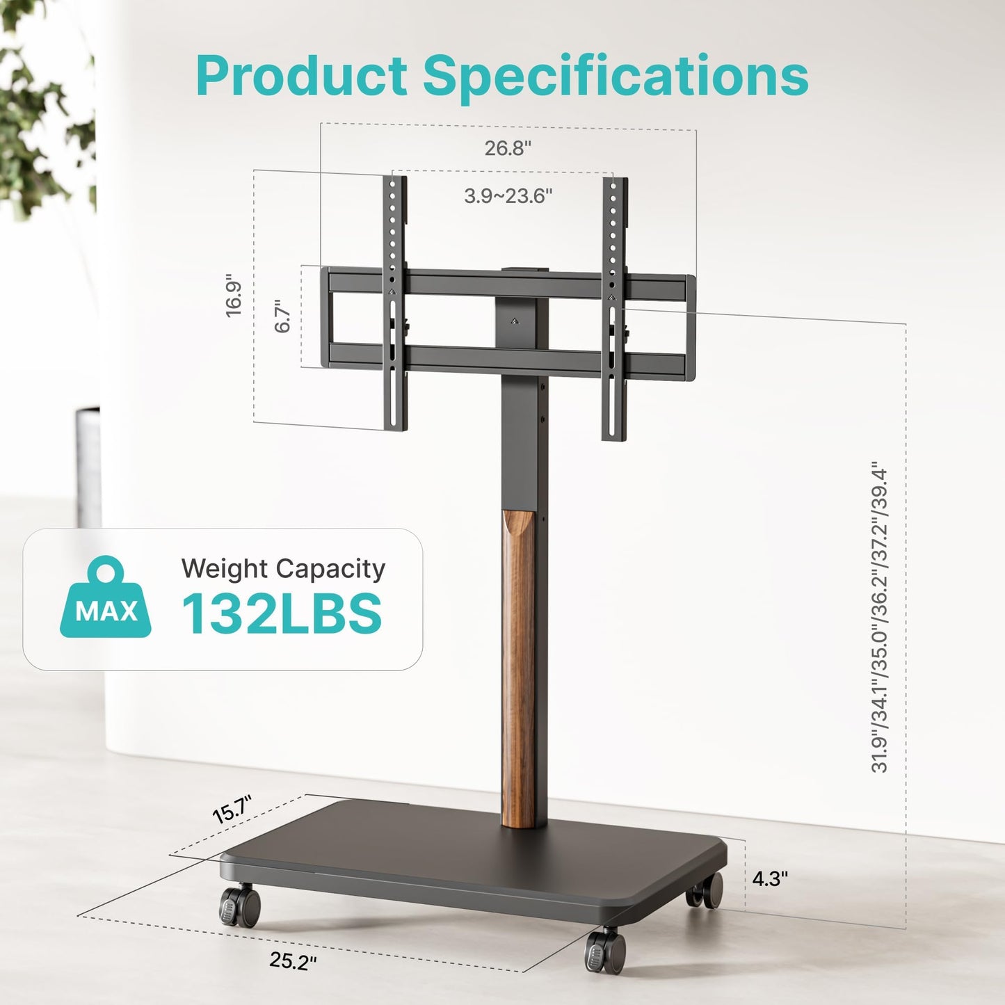 Pegzone TV Rolling Cart for 32-85 Inch LCD LED OLED Screen up to 132 Lbs, Adjustable Mobile TV Stand for Bedroom Living Room, Swivel TV Mount with Wheels, Max VESA 600 * 400mm, Black
