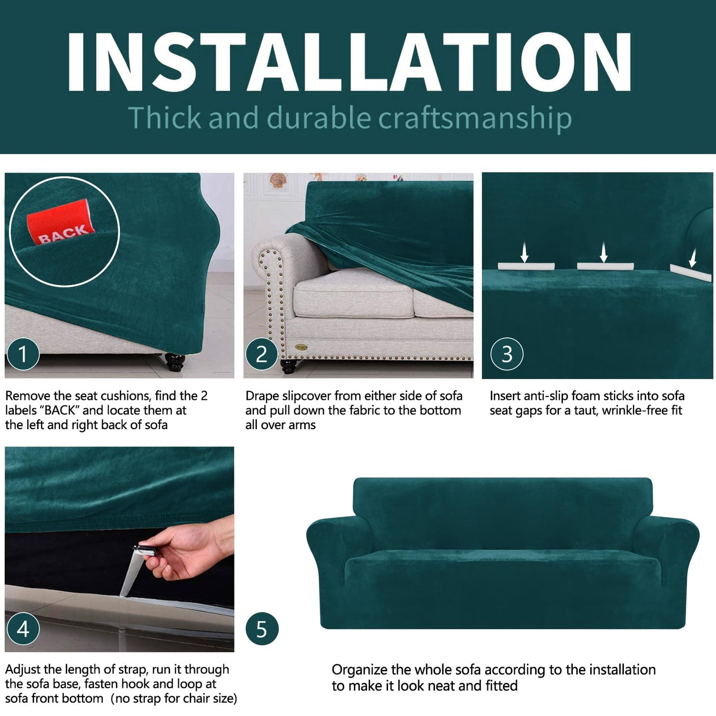YEMYHOM Real Velvet Couch Covers for 2 Cushion Couch High Stretch 1 Piece Loveseat Slipcover for Pets Dogs Anti Slip Love Seat Sofa Slipcover Furniture Protector (55"-69", Blackish Green)