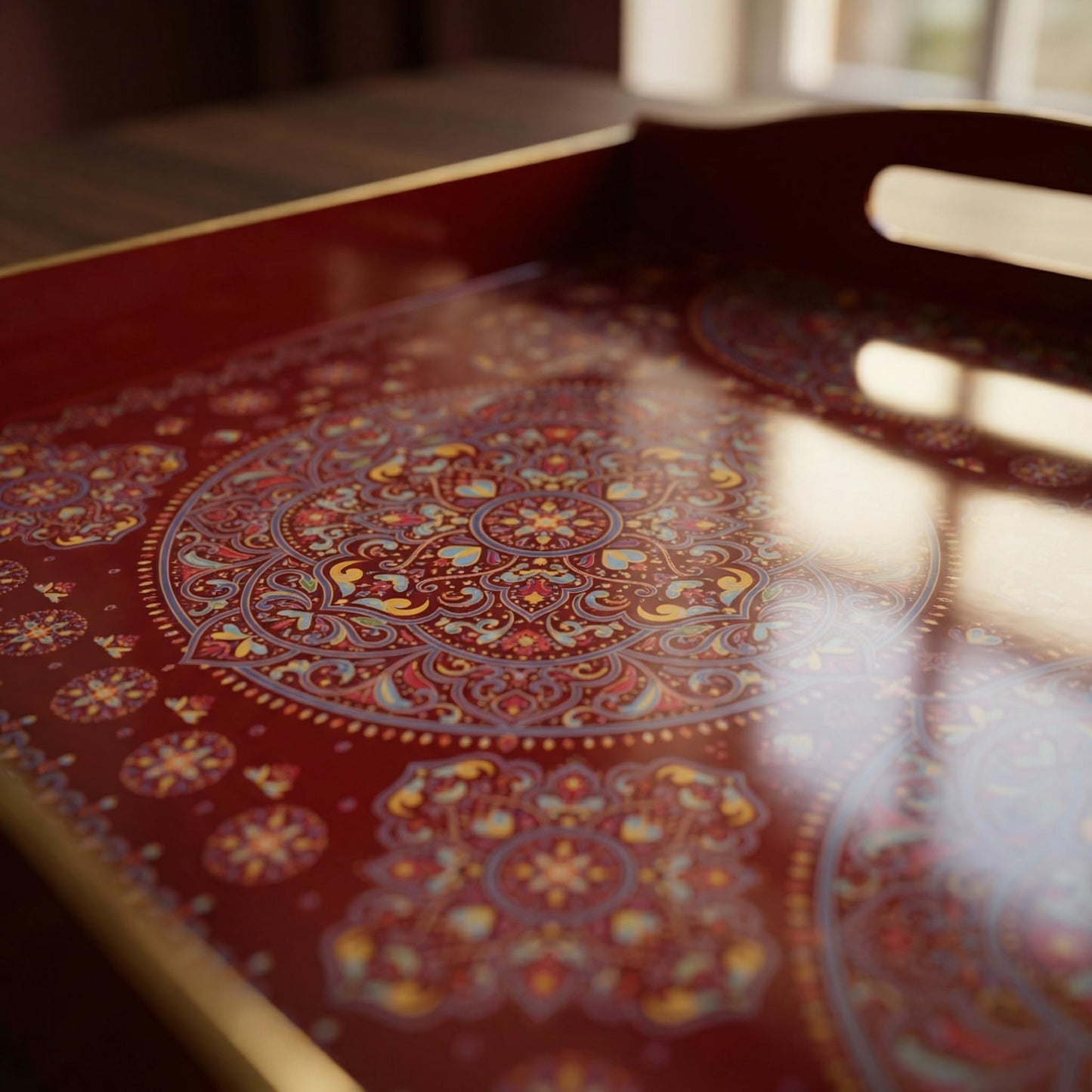 Umisriro Boho Red Decorative Tray, Serving Tray with Handles, Plastic Tray for Coffee Table, Ottoman - Ideal for Living Room & Bathroom. 15” x 11” x 2.5”