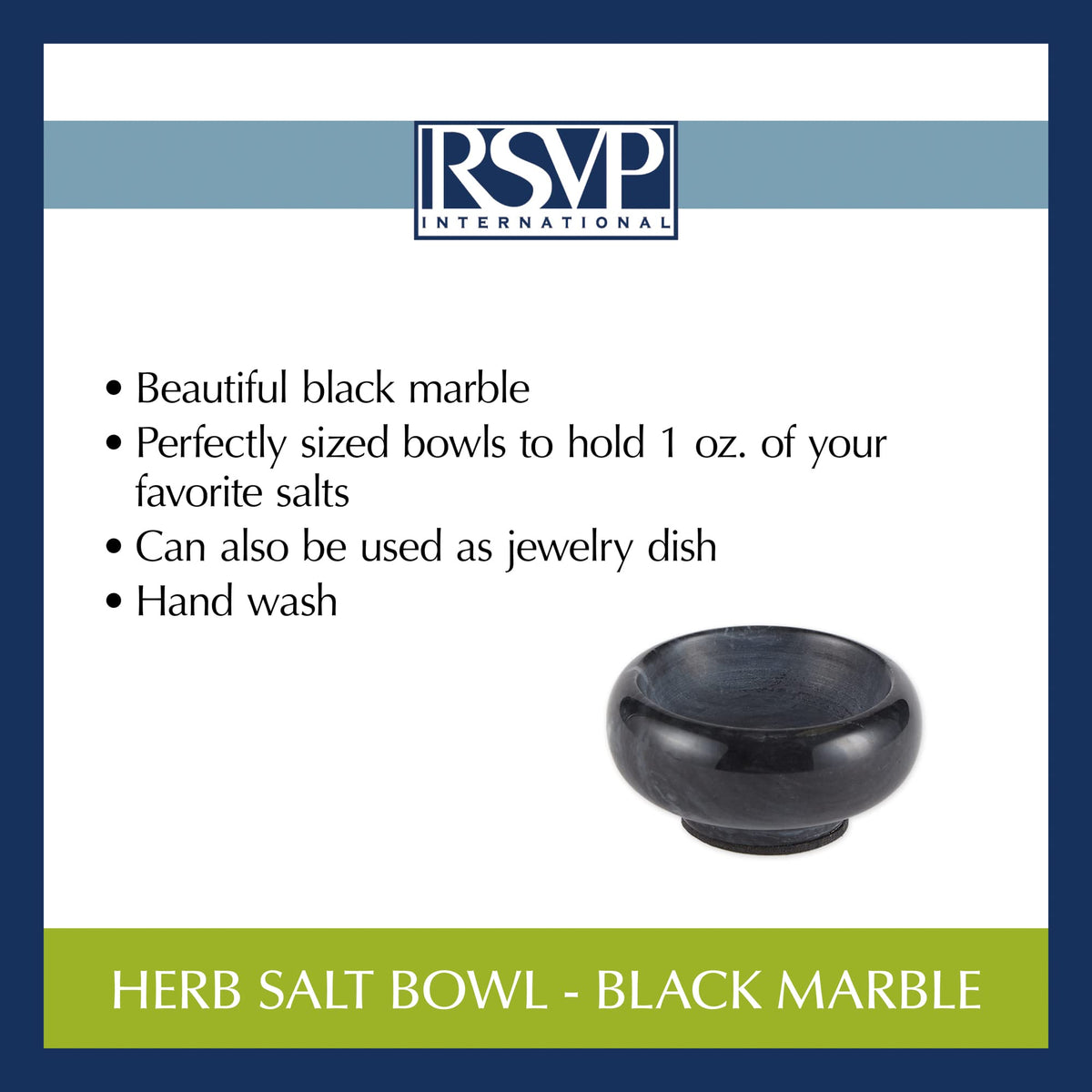 RSVP International Herb & Salt Containers for Countertop Polished Marble Dish/Bowl, 2.75" Diameter x 1.5", Black