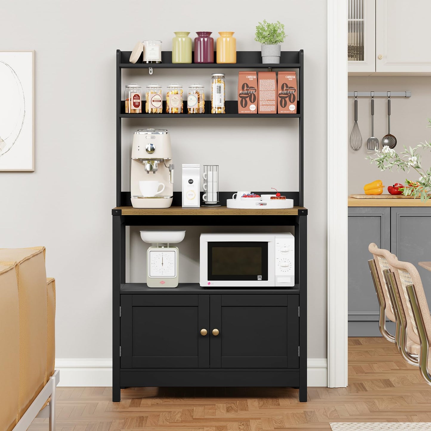 Lomojo Microwave Standing Baker's Racks Cabinet, 5-Tiers Coffee Bar (Black)