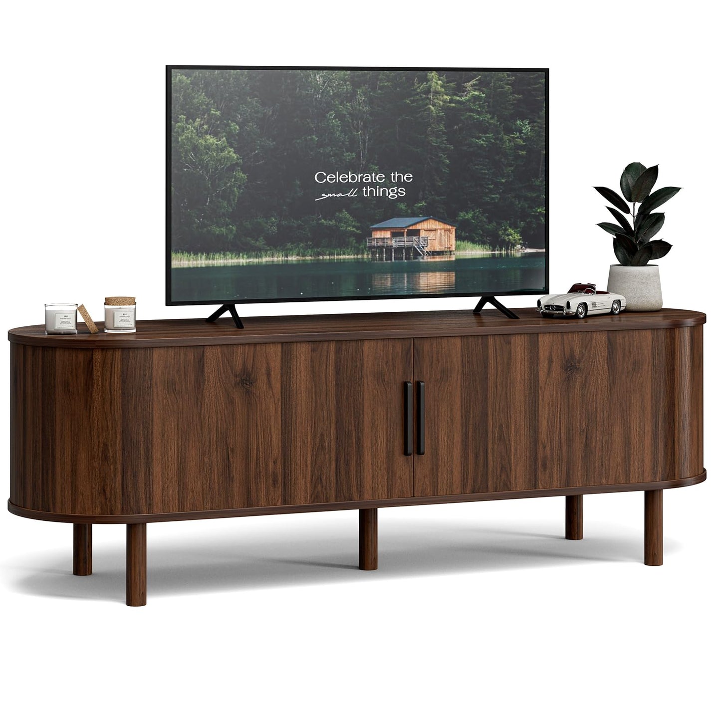 ZttRiee TV Stand for TVs up to 60 Inch, Entertainment Center with Sliding Doors and Adjustable Shelf, Modern TV Console with Storage for Living Room, Bedroom, Walnut