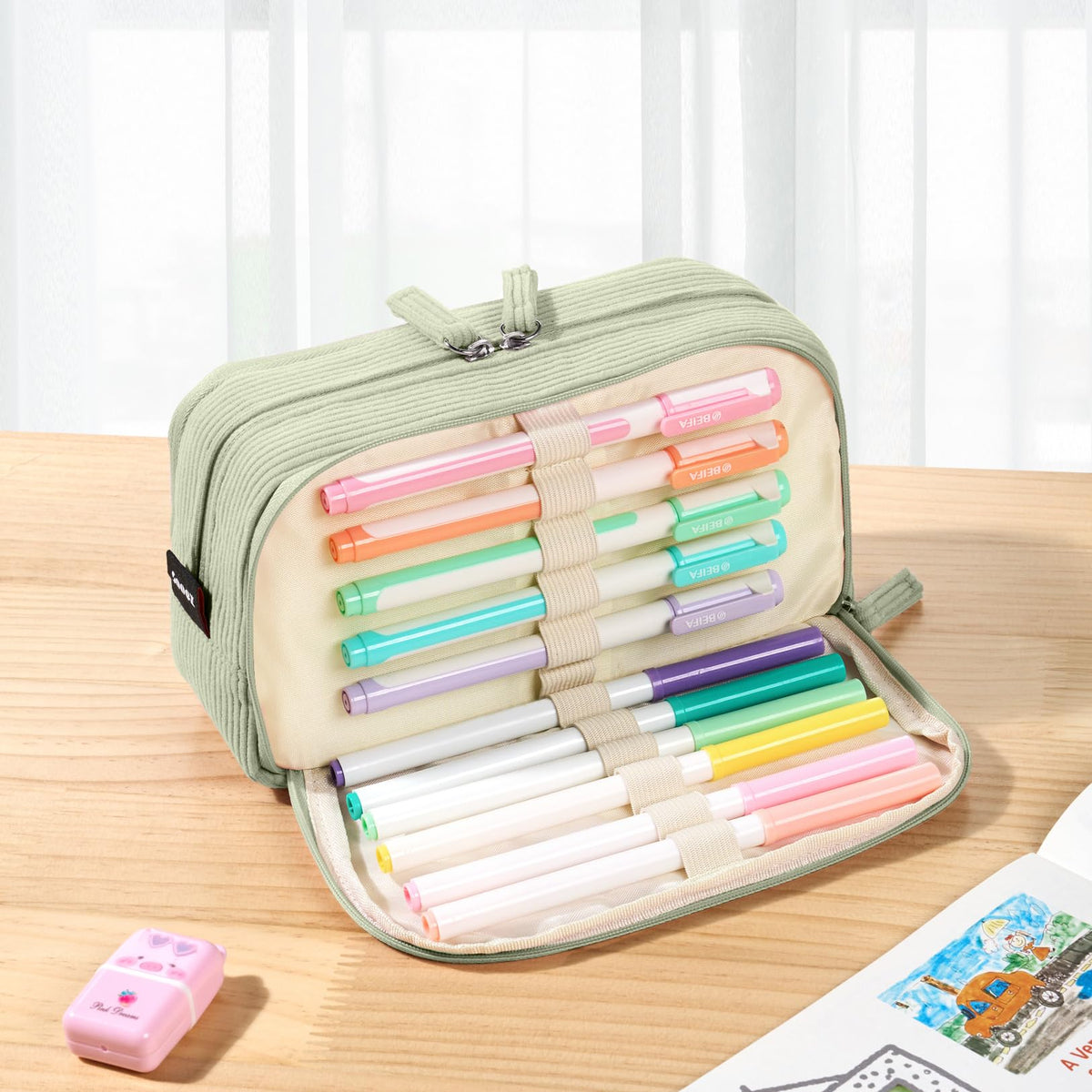 Sooez Big Capacity Pencil Case Pen Pouch, Soft Corduroy Pencil Bag with 3 Compartment, Multiple Pockets, Sturdy Zipper, Cute School Supplies Pen Bag Organizer For Teen Girls College, Green