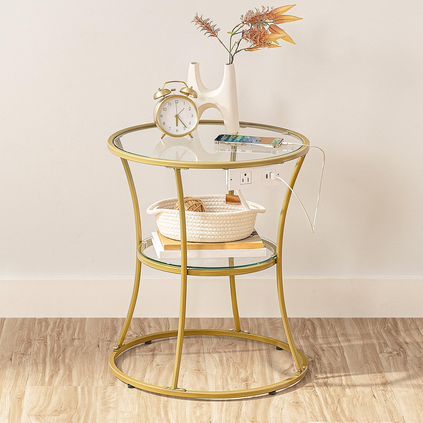 HOOBRO Round Coffee End Table with Charging Station, 2-Tier Small Accent Side Table with Glass Tabletop, Round Nightstand for Small Space in Living Room, Bedroom, Gold GD83UBZ01