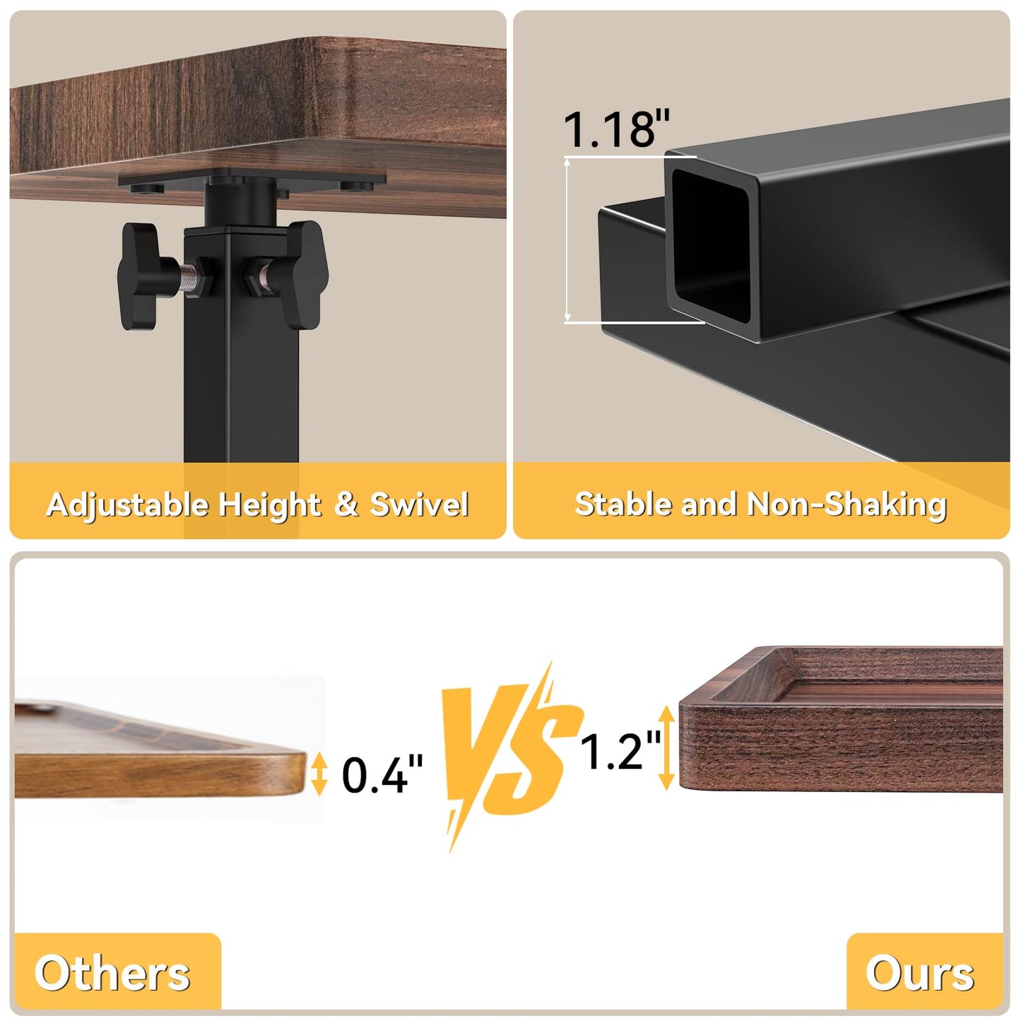 C Table End Table Adjustable Height, 360°Swivel TV Tray Table for Small Spaces, Couch Tables That slide under, C Shaped Side Tables living room and bedroom for Sofa, Bed,Chair, Snack (1, Walnut Brown)