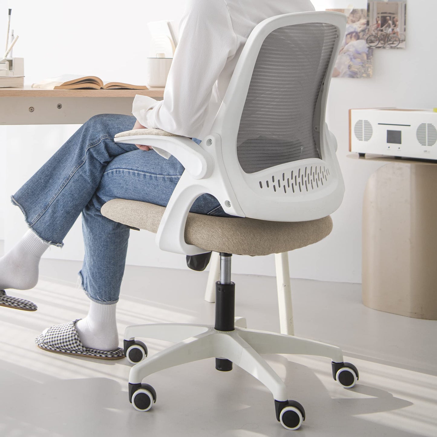 NEO CHAIR Office Desk Gaming Ergonomic Computer Chair with Lumbar Back Support Adjustable Height Swivel Rolling Wheels Flip-up Arms Mesh Chair for Home Vanity (Beige)