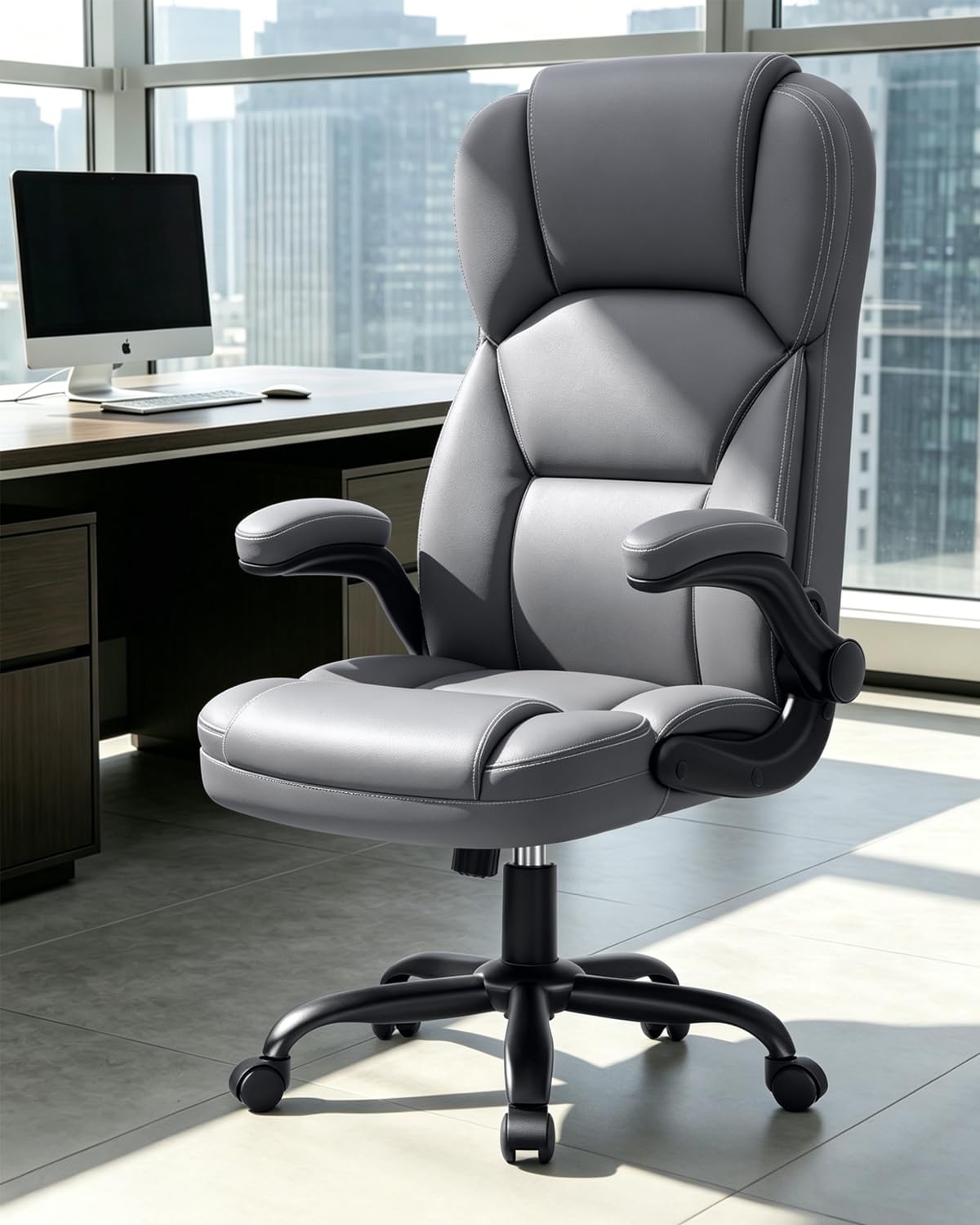 Brick Attic Leather Office Chair with Flip Up Arms, 360° Swivel Ergonomic Desk Chair with Wheels, Adjustable Height Computer Chair with Padded Seat for Home Office, Study,Gaming Room, Gray