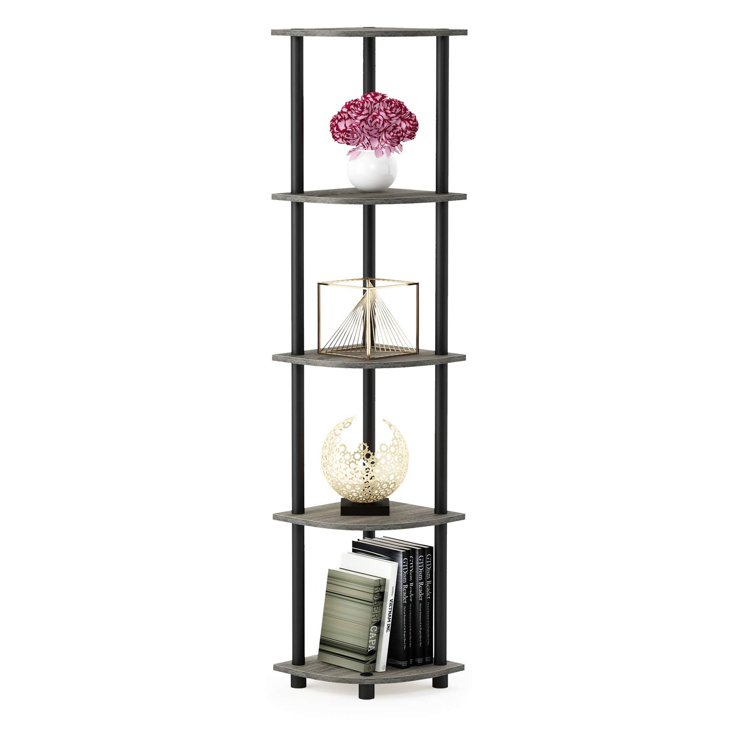 Furinno TURN-N-TUBE Corner Shelf, 5-Tier Corner Bookshelf, Open Storage Shelves, for Organization and Storage, Living Room, Home Office, Garage, Bedroom, French Oak