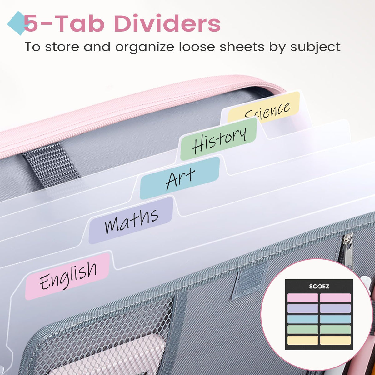 Sooez Zipper Binder Bag, 1 Inch Binders 3 Ring O-Ring, 5-Tab Dividers Expanding File Folder, 500-Sheet Capacity Three Ring Binder, Cute Organizer Storage for Student School Classroom Supplies, Blue