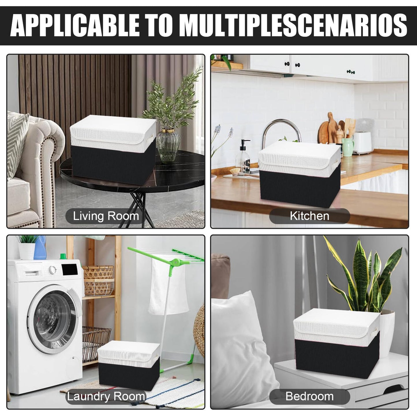Bagnizer Large 22 Quart Linen Fabric Foldable Storage Bin Cube Organizer Basket with Flip-Top Lid & Handles, Clothes Blanket Box for Home, Office, Closet, Black & White, 4 Pack 14.6 x 9.5 x 9.5