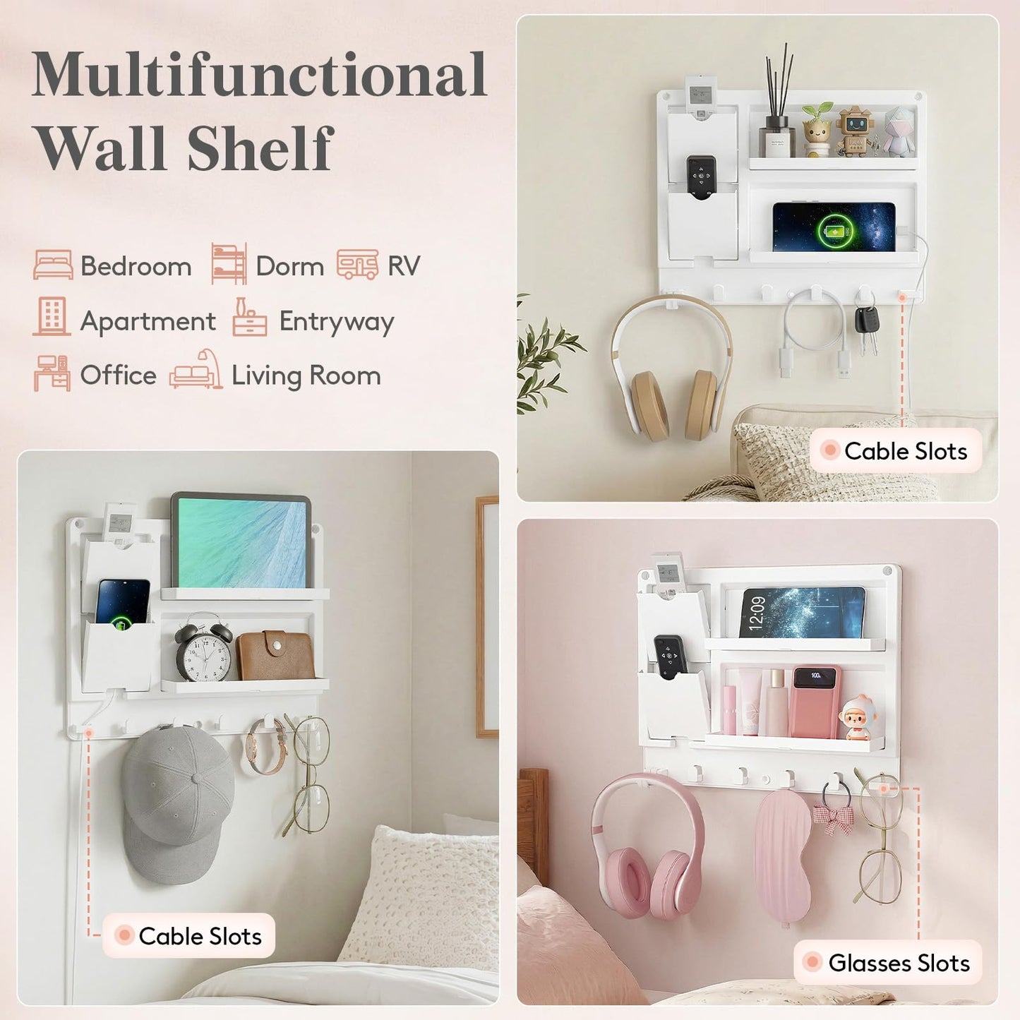 Lifewit Plastic Adhesive Bedside Shelf, Floating Pegboard Shelves, Key Remote Control Holder, Wall Organizer for Glasses, Phone, Earbuds, Bedroom Decor, Dorm Room Essentials, White