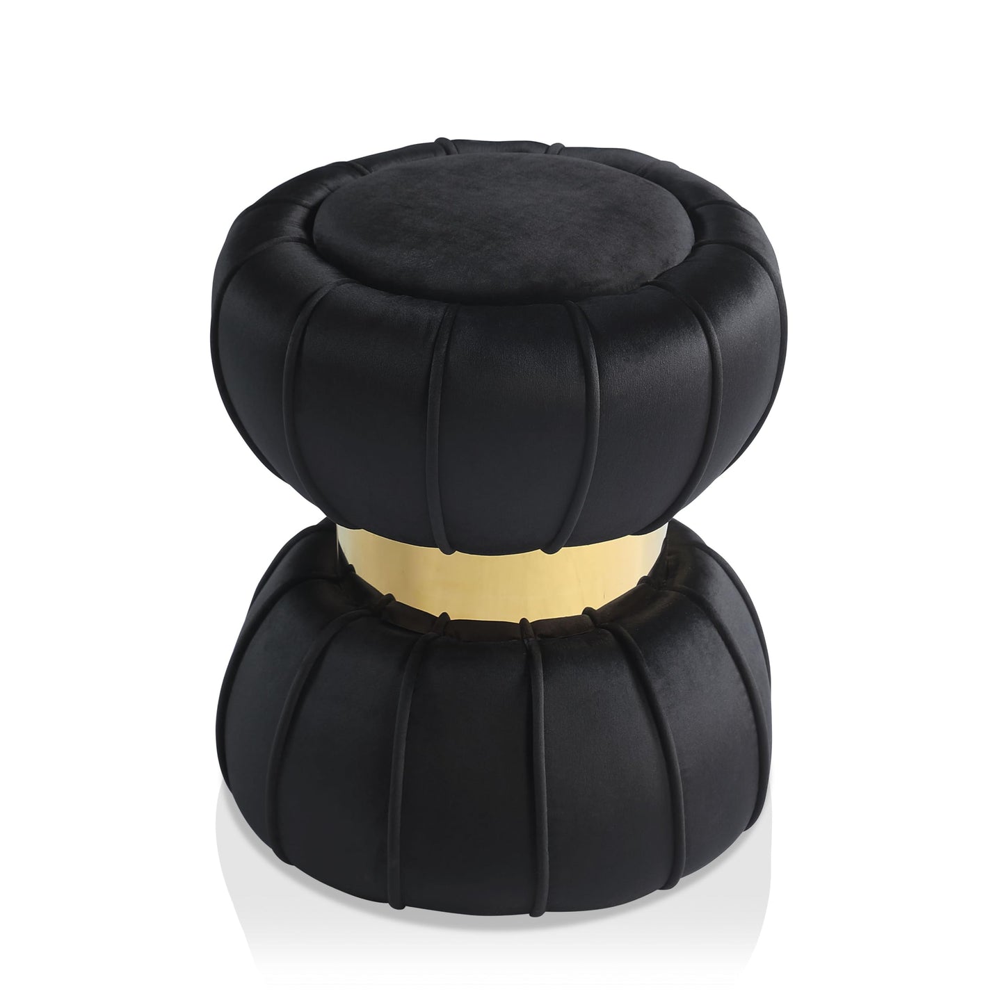 Furniture of America Magnus Modern 15-inch Upholstered Ottoman with Hourglass Shape and Stainless Steel Gold Trim, Vanity Stool Chair, Small Foot Stool for Bedroom, Living Room, Entryway, Black