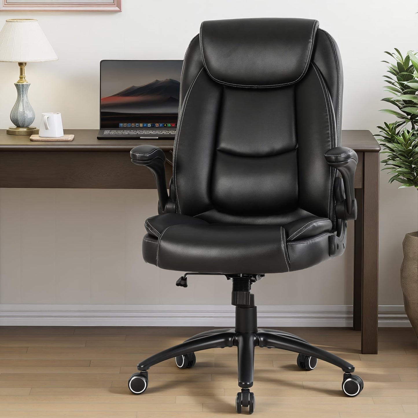 MALOL PU Leather Ergonomic Office Chair -Adjustable Height & Tilt Tension, 300lbs Thick Padded Seat Executive Desk Chair with Flip-Up Armrests & Reclining Backrest, Black