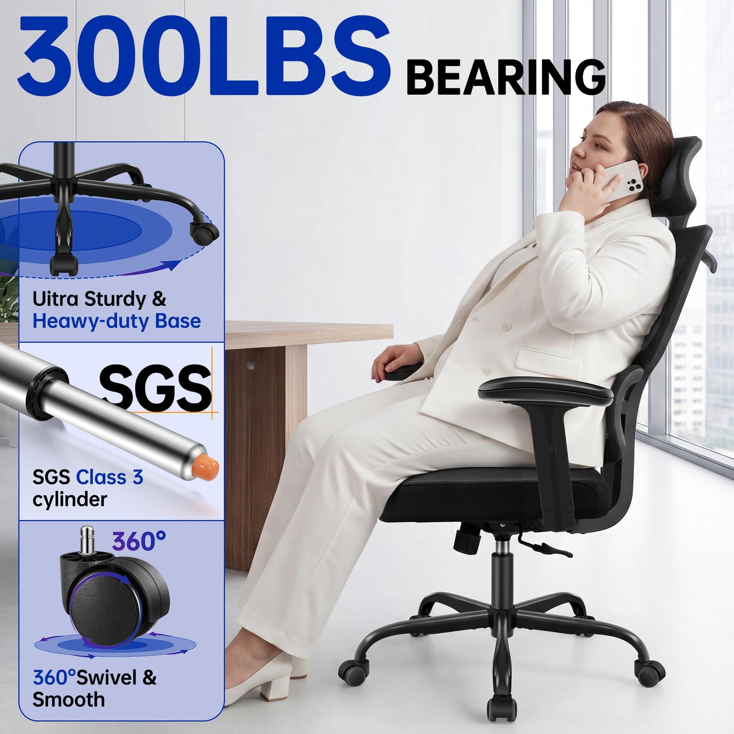 Hayelf Ergonomic Office Chair, High Back Mesh Computer Chair with Comfortable Adaptive Lumbar Support, Built-in Coat Hanger, SGS Class 4 Gas Lift, Heavy Duty 300lbs for Long Hours Home Office, Black