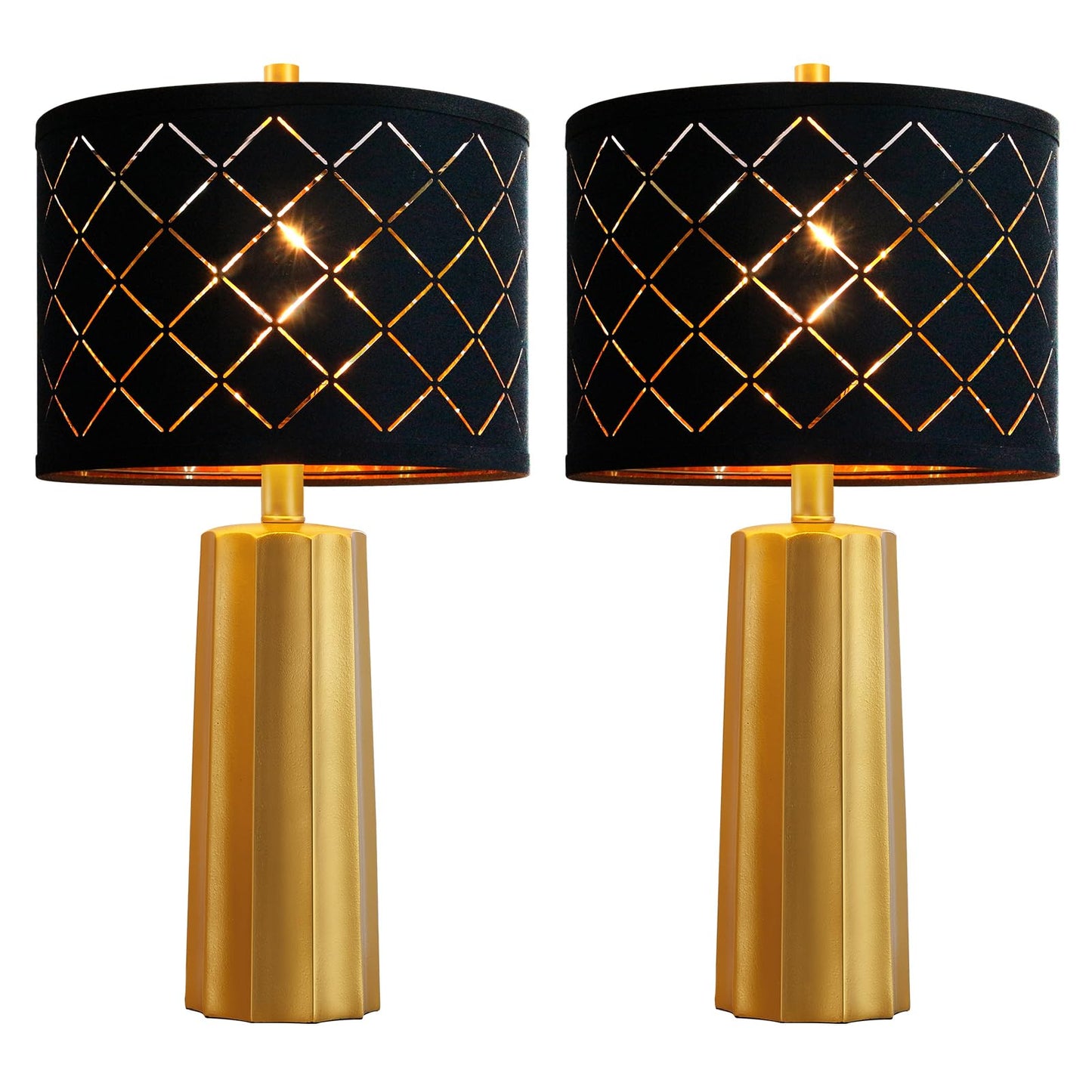 RORIANO Set of 2 Modern Table Lamps for Living Room Bedroom, Gold Nightstand Resin Lamps with Black Grid Shade, Contemporary Desk Lamps for Bedside End Tables, 2 Bulbs Included (Gold)