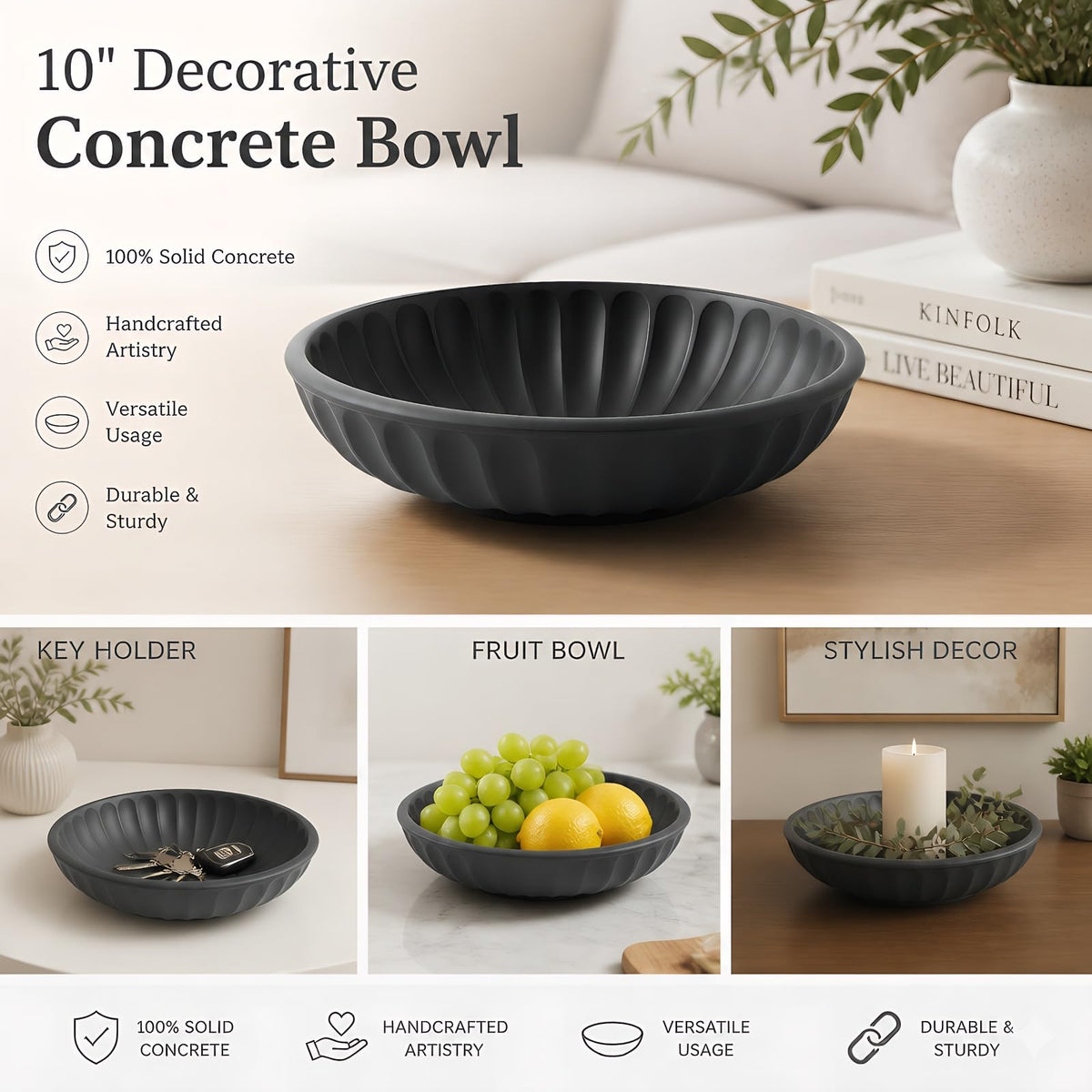 Songtec Concrete Decorative Bowl, 10" Large Decorative Bowls for Home Decor Entry Cabinet (Black)