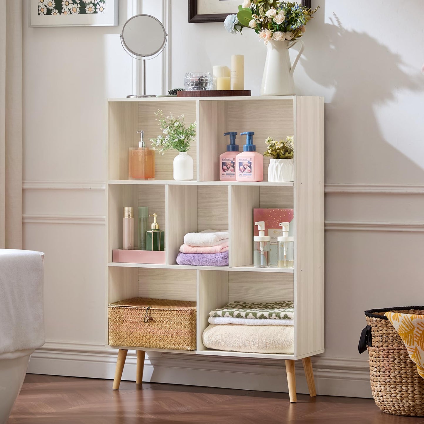 LEYAOYAO Cube Bookshelf 3 Tier Mid-Century Light Grey White Modern Bookcase with Legs,Retro Wood Bookshelves Storage Organizer Shelf,Freestanding Open Book Shelves for Bedroom,Living Room,Office