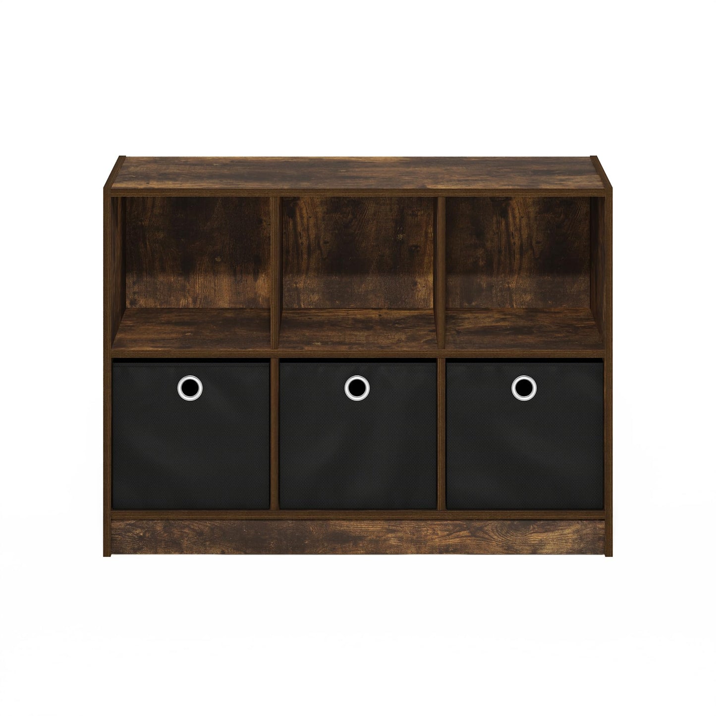 Furinno Basic Book Shelf, 6-Cube Bookshelf with Open Shelf, 3 x 2 Bookcase with Storage Bins, Closed Back, Horizontal, 11.9 x 31.6 x 23.6, for Living Room, Bedroom, Home Office, Amber Pine