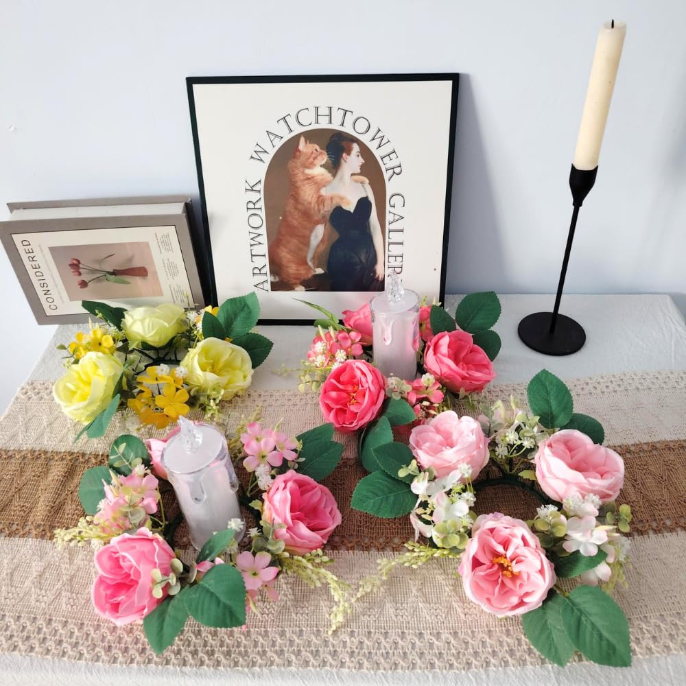 Set of 4 Artificial Rose Daisy Flowers Candle Rings Wreaths 3 Inch Center Green Eucalyptus 8" Floral Small Wreath for Pillars Spring Easter Wedding Party Home All Season Decor (Pink A)