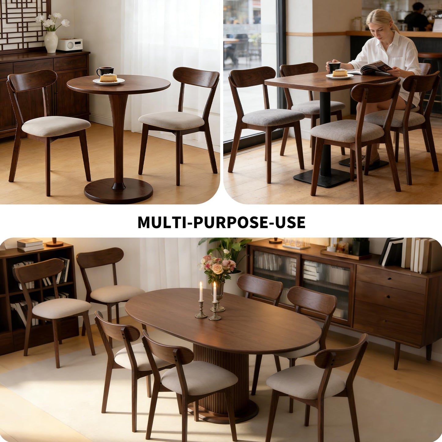 Walnut Dining Chairs Set of 2 – 400 lb Capacity Heavy Duty, Mid Century Modern Wooden Curved Back & Upholstered Seat, Solid Oak Wood, Armless for Dining Room, Kitchen, Breakfast Nook, Small Space