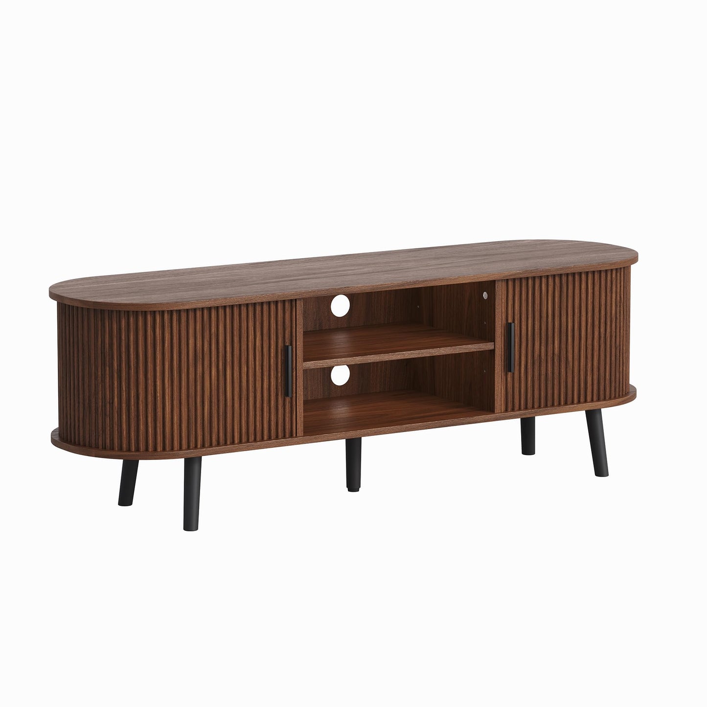 ChooChoo Mid Century Modern TV Stand for TVs up to 60 Inch, Entertainment Center with Fluted Sliding Doors and Hidden Storage, TV Console with Adjustable Shelf for Living Room, Bedroom, Walnut
