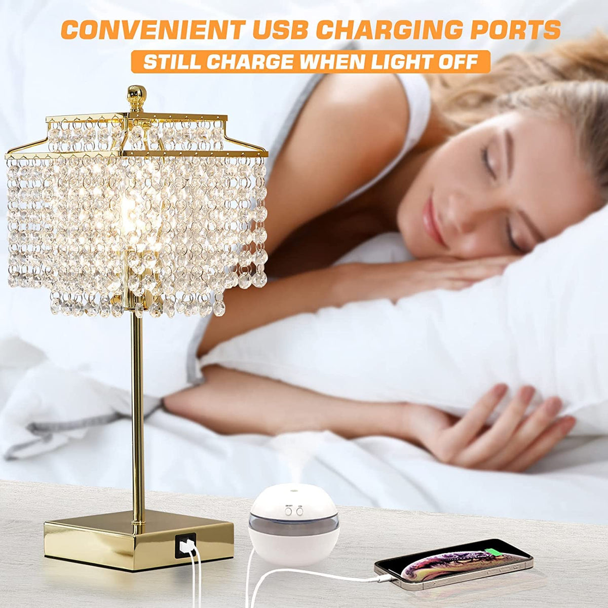 Luvkczc Crystal Touch Table Lamp, Bedside Lamps with with USB C+A Ports, Gold Bedroom Lamp, Dimmable Lamp with Crystal Shade, Nightstand Lamps for Bedroom, Living Room, Bulb Included