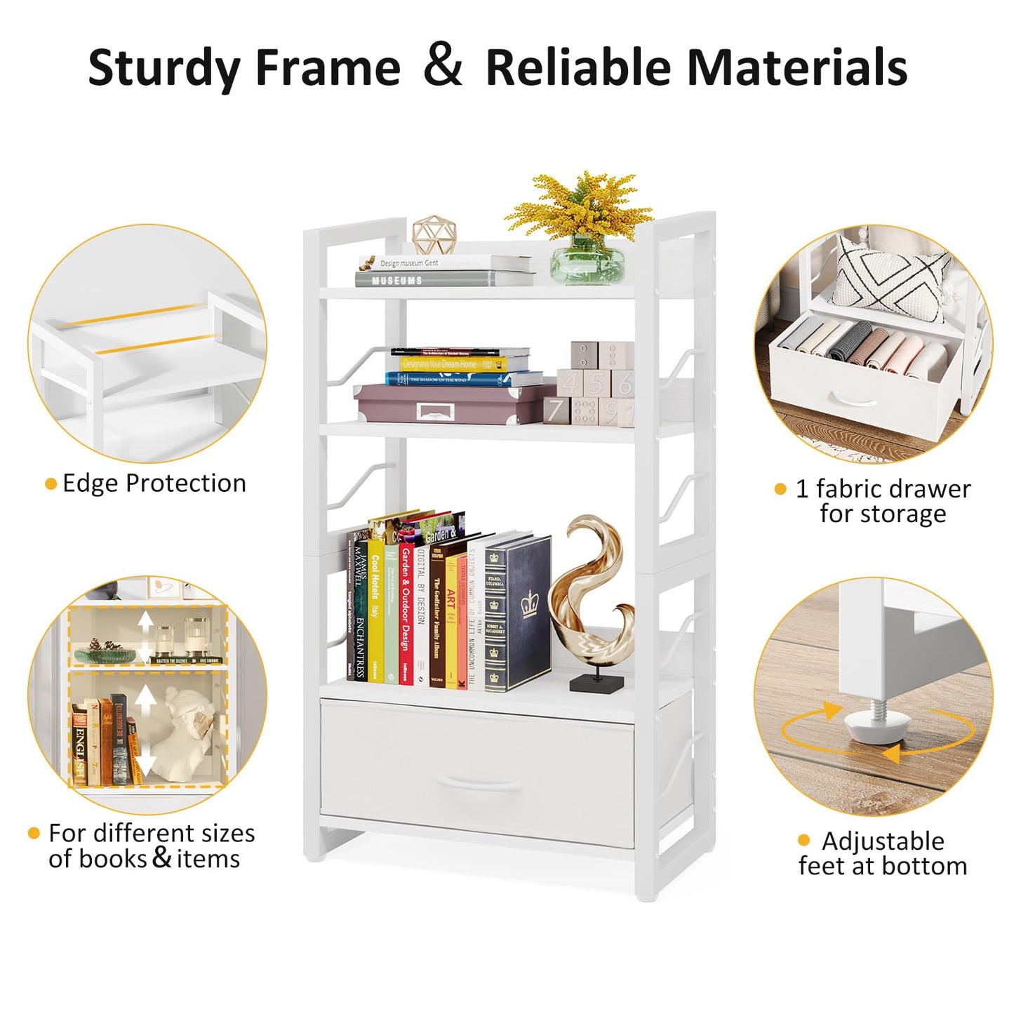 Hosfais Small Bookshelf with Drawer - 4-Tier Wood Book Shelf Industrial Narrow Bookcase Storage Organizer Metal Stackable Shelves for Desktop Bedroom Living Room Home Office (White)