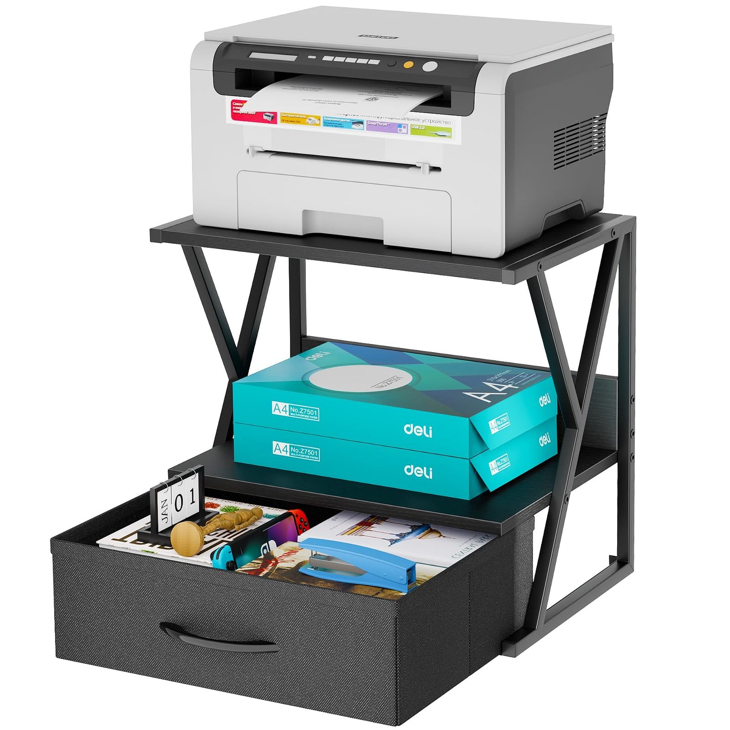 aboxoo Printer Stand for Desk with Storage Drawer, 2 Tier Desktop Or Under Desk Shelf, Multi-Purpose Desks Organizer for Home Office, fit Fax Machine/3D Printer/Scanner, Black