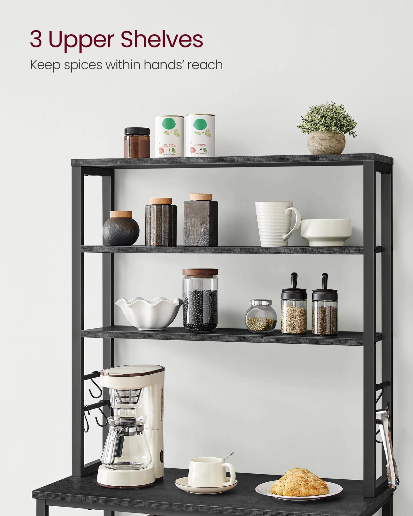 VASAGLE Coffee Bar, 31.5 Inches Baker's Rack for Kitchen with Storage, 6-Tier Kitchen Shelves with 6 Hooks, Microwave Stand, Industrial, Charcoal Gray and Ink Black UKKS019B22