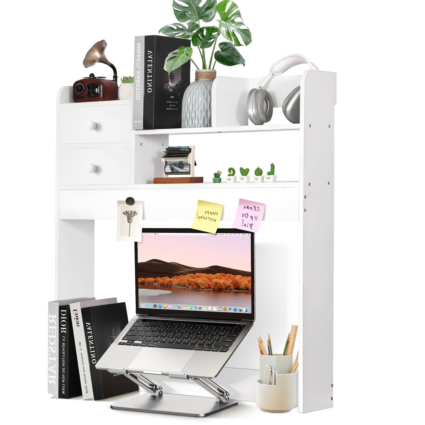 YGYQZ 2 Tier Desktop Bookshelf, Countertop Storage Hutch for Computer Desk, Desk Organizer Shelf with Vertical Storage, Multi-Functional Wood Desk Hutch for Home Office & Dorm, White
