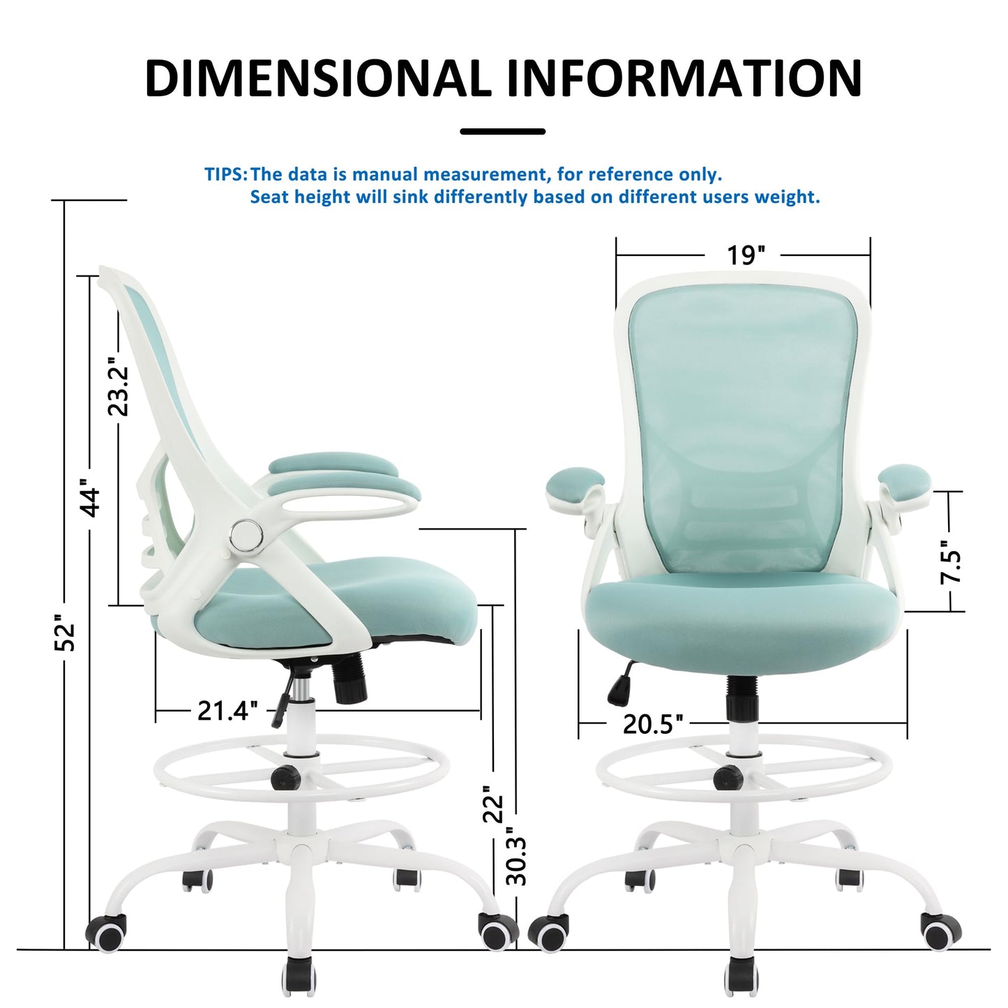 HYLONE Drafting Chair Tiffany Blue, Tall Office Chair Standing Desk Stool with Adjustable Height, Foot Ring, Flip-Up Arms, Mesh High-Back Office Chair, White