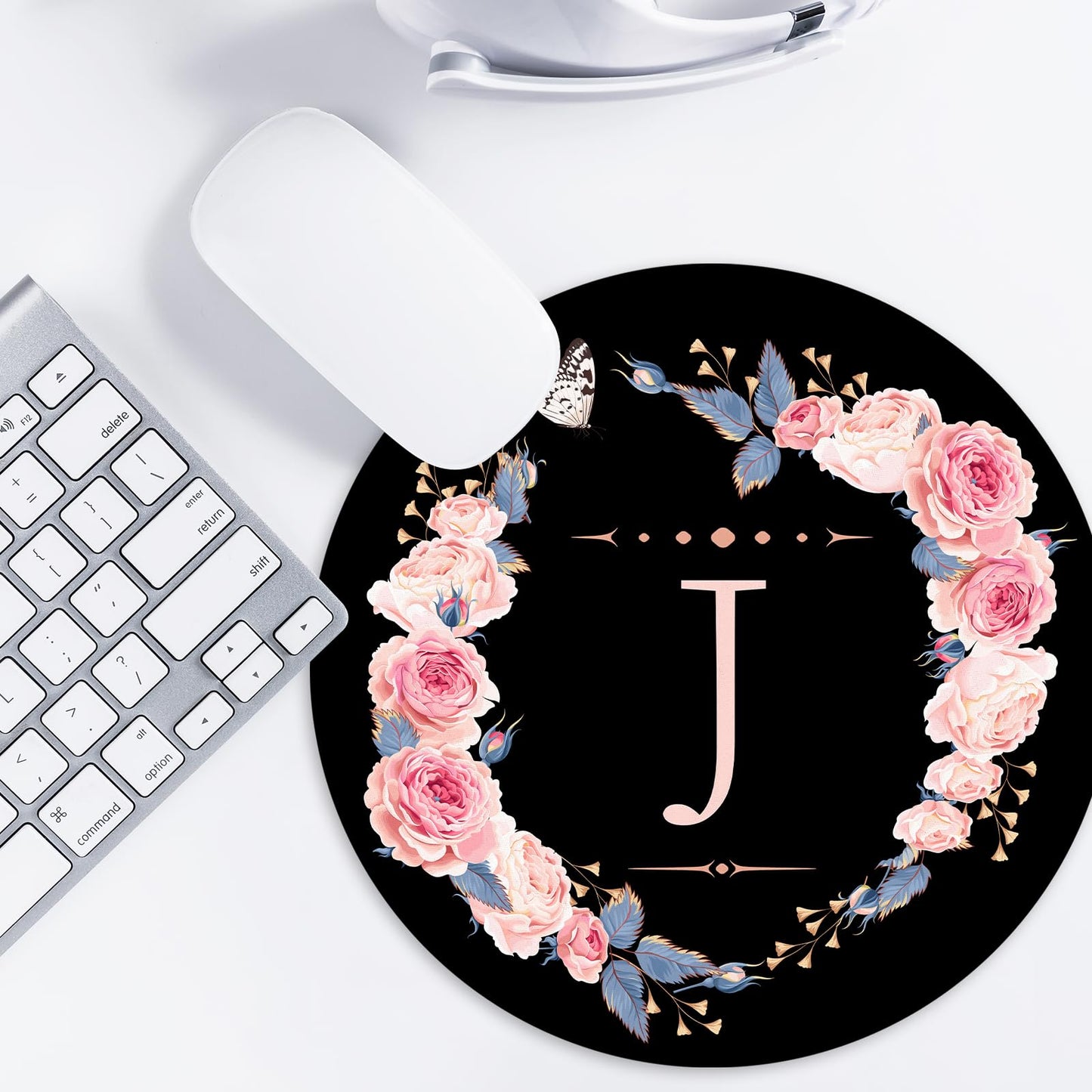 Letter J Black and Pink Flowers Round Mouse Pad, Funny Small Mouse Mat with Non-Slip Rubber Base, Home Office Decor Desk Accessory, 8.7 inch Round