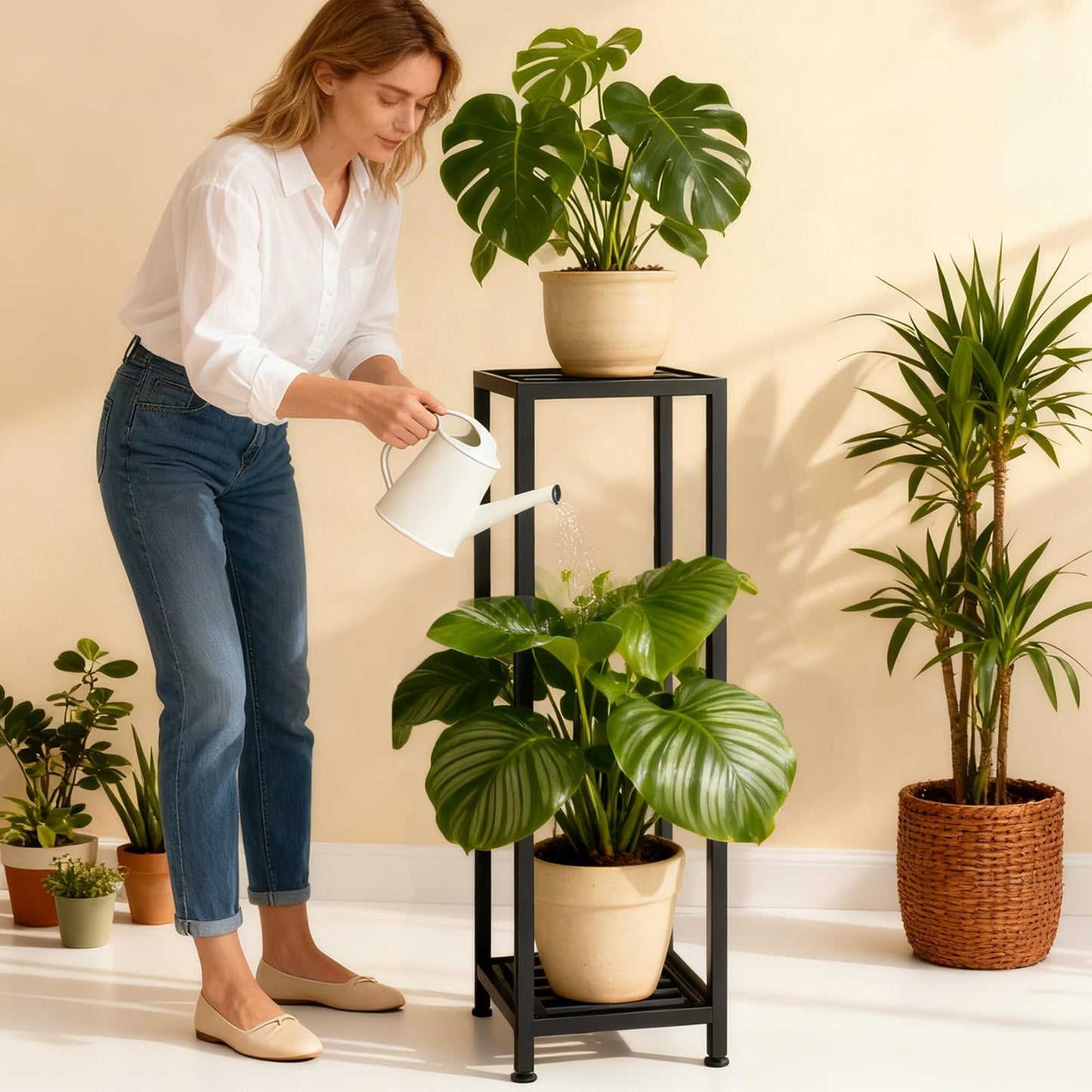 LUBORN Plant Stand Indoor Outdoor, 41'' Tall Wrought Iron Plant Stands, 2 Tier Heavy Duty Metal Pedestal Stand Decorative Flower Stand for Patio Garden Deck Living Room
