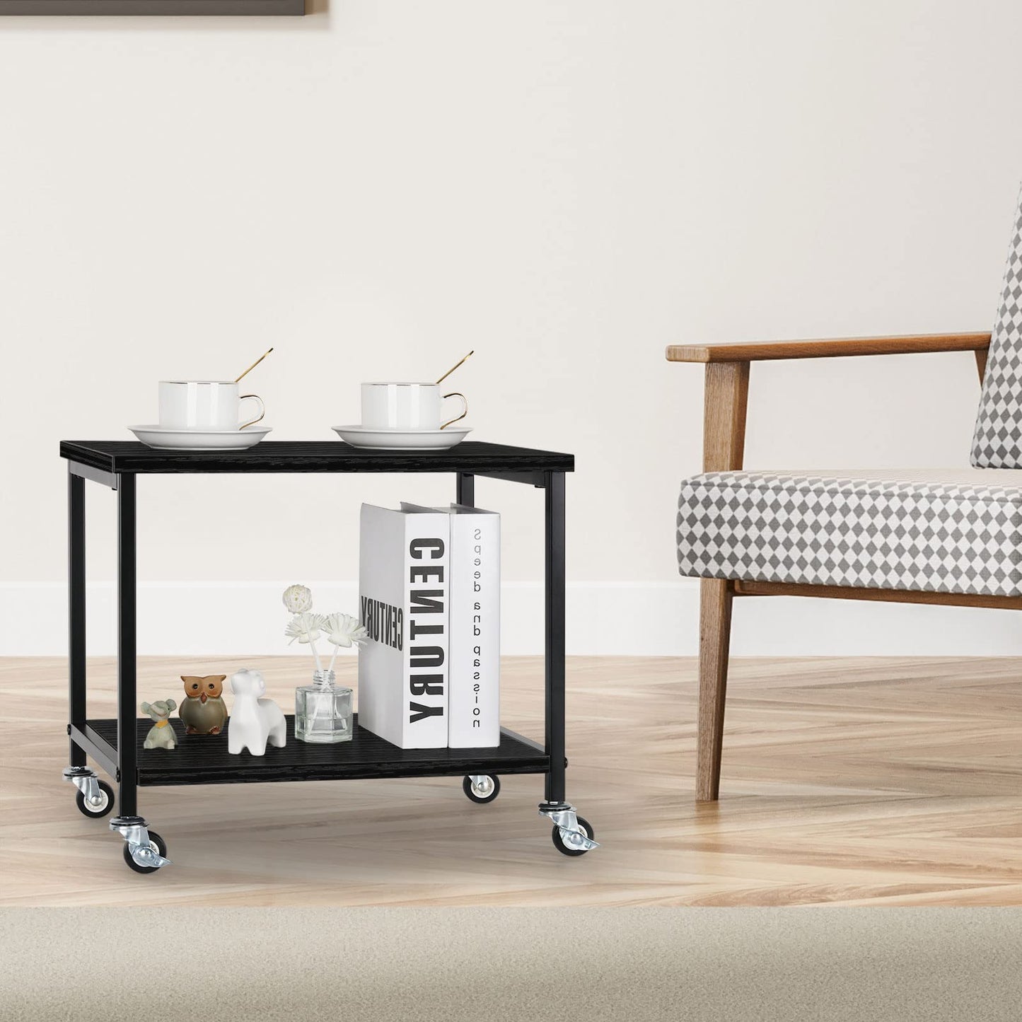 CADUKE Black Printer Stand, Under Desk Printer Table with Wheels, Mobile Printer Shelf 2 Tier Rolling Printer Cart for Home Desktop Organizer Shelf for Printer Fax Scanner Stand Rack Wood