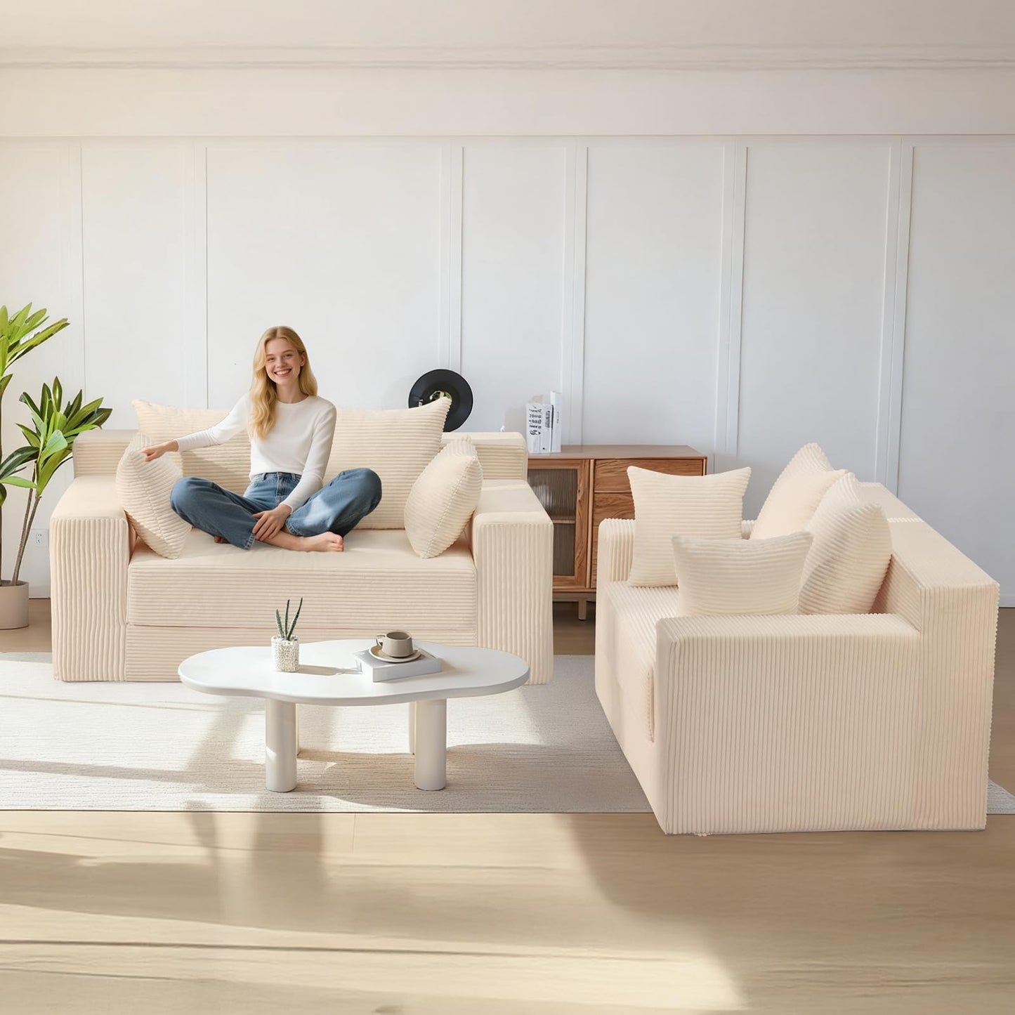 feliz home Convertible Sofa Bed, Boneless Couch Loveseat, 2 in 1 Folding Couch Bed, Fold Out Comfy Floor Futon Sofa with 4 Pillows for Living Room Bedroom, Beige