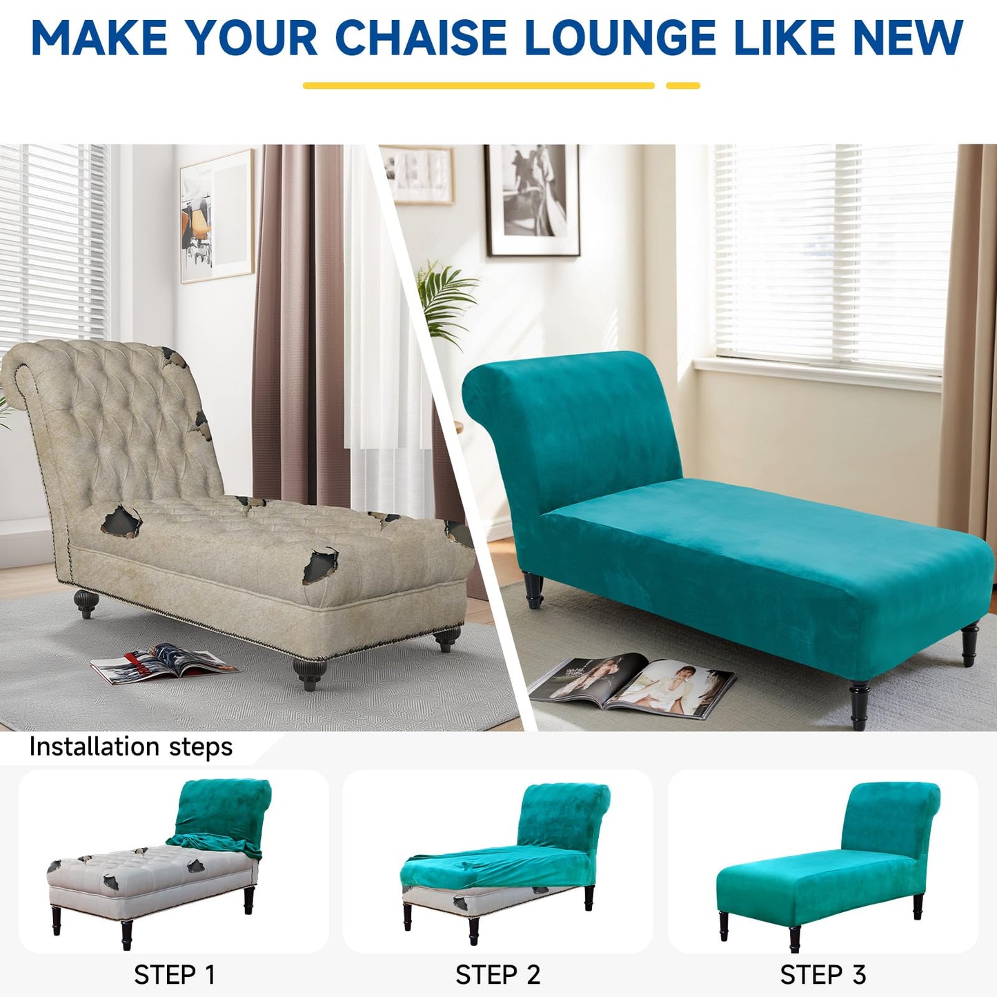 Velvet Chaise Lounge Cover Indoor Armless Chaise Slipcover Luxury High Stretch Ultra Soft Lounge Chair Covers Modern Machine Washable Chair Cover for Living Room Bedroom Furniture, Peacock Blue