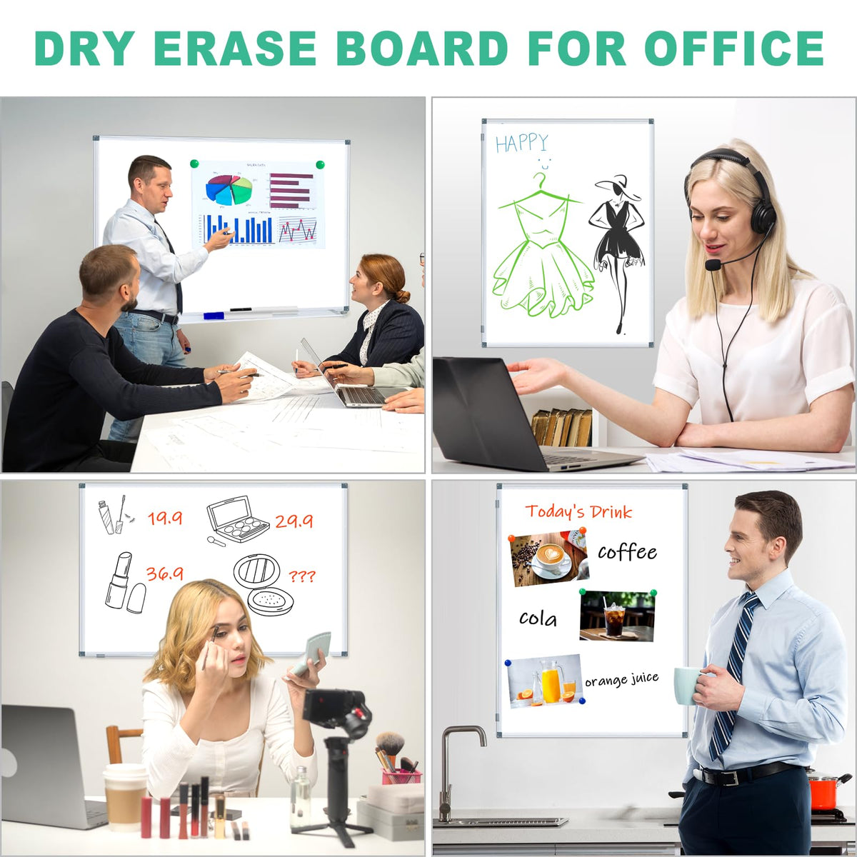 H-Qprobd 4' x 3' Whiteboard Dry Erase White Board for Wall 48x36 (2pcs) Magnetic Boards for Office Classroom & Home, Small Wall Whiteboard Including 6 Markers, 20 Magnets, 2 Erasers