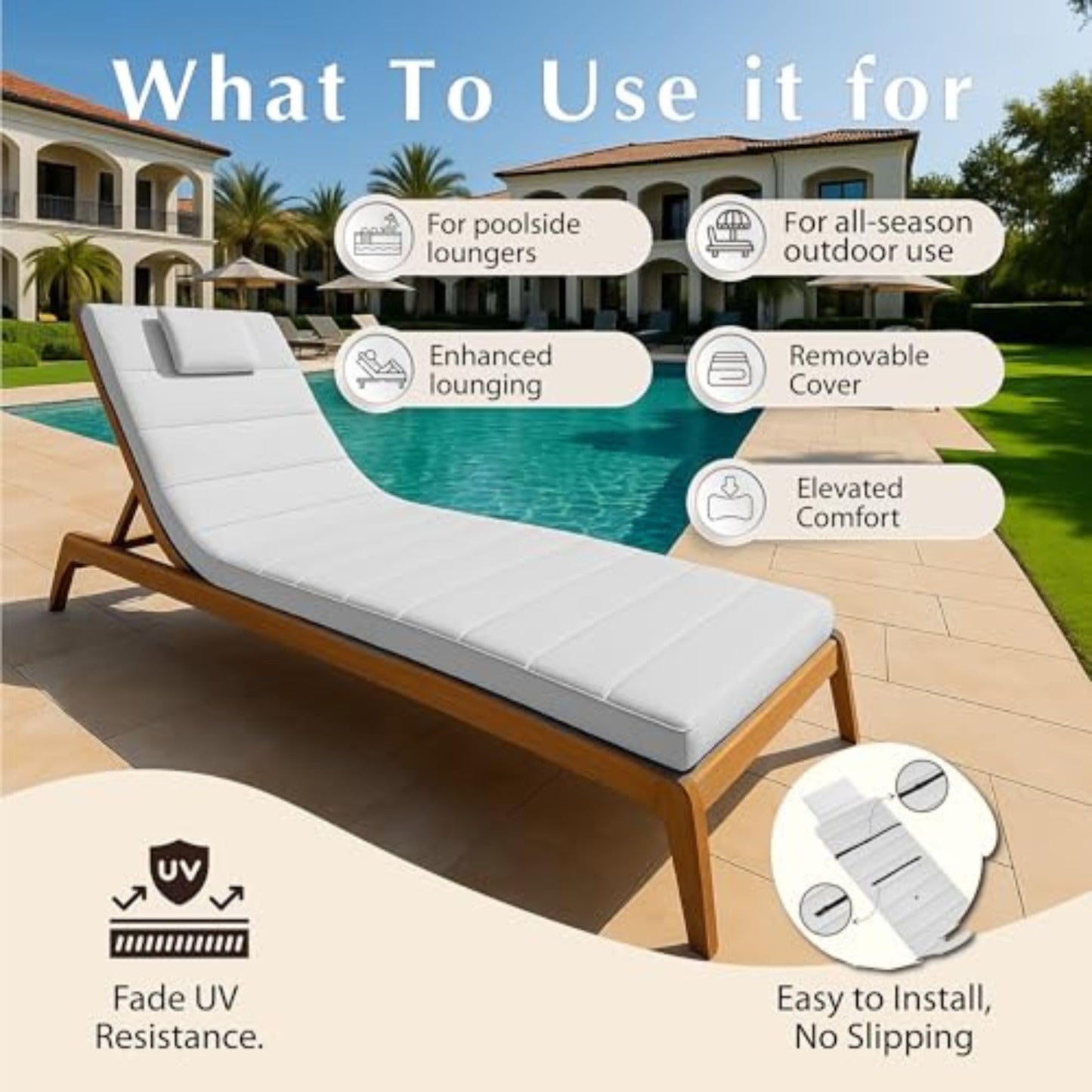 Elvoki Quilted Chaise Lounge Outdoor Patio Furniture Cushions | Water-Resistant Patio Chair Cushions | Durable, High-Density Foam Outdoor Chair Cushions - Heather Grey, 74"x23" (Chair Not Included)
