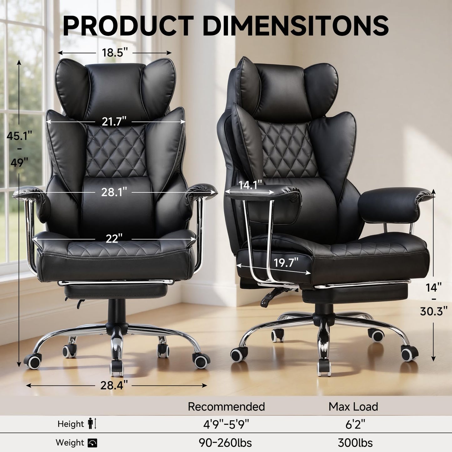 COMHOMA Big and Tall Office Chair, High Back Leather Gaming Chair with Footrest, Executive Ergonomic Office Chair with Pocket Spring Lumbar Support and with Outward Fixed Soft Armrests