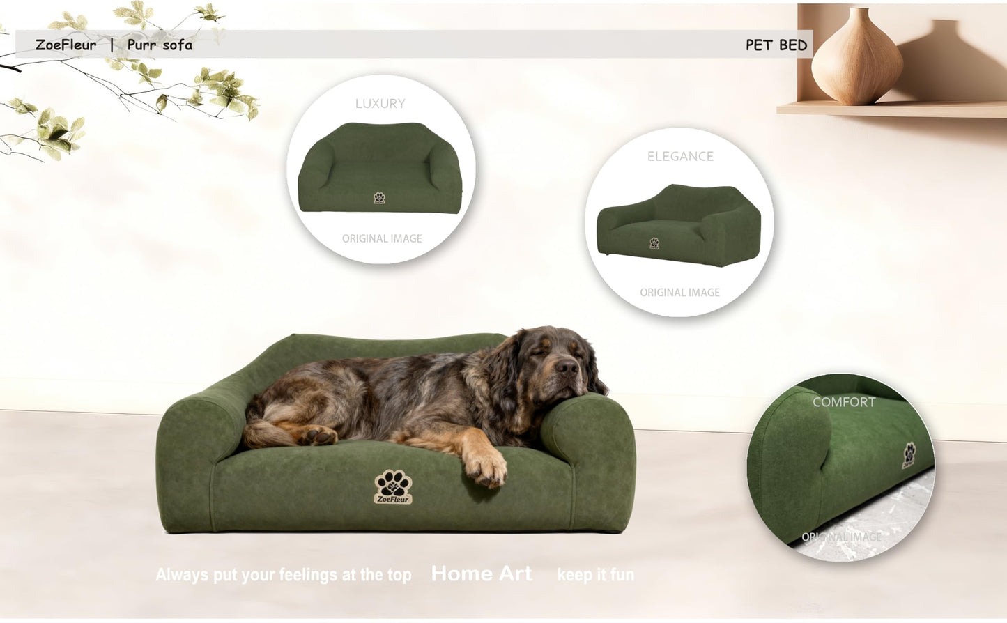 ZoeFleur 2-in-1 Human & Pet Shared Dog Sofa, Solid Pine Wood Frame with High Resilience Foam, Indoor Pet Furniture(Dark Green)