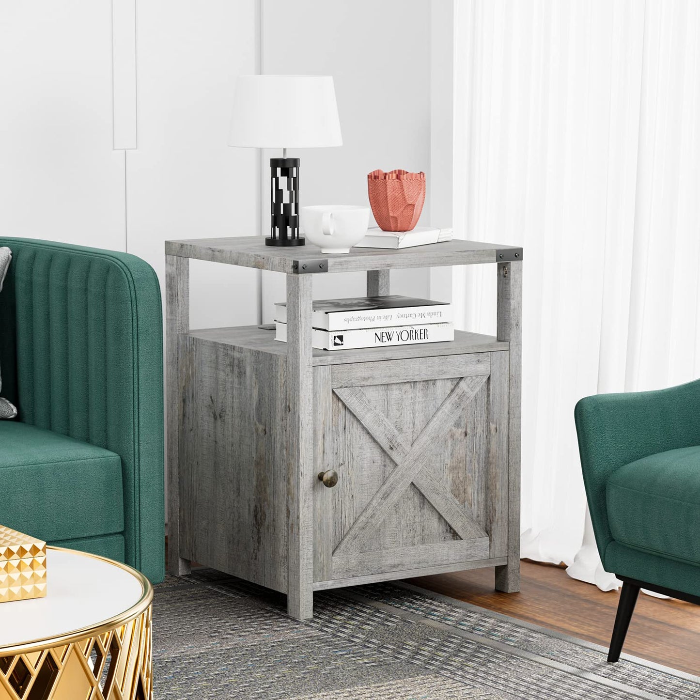 HOSEOKA Farmhouse Nightstand with Charging Station, Grayish White End Table Bedroom with Storage Living Room Side Table Beige Night Stand Industrial Bedside Bed Table with USB Ports and Outlets