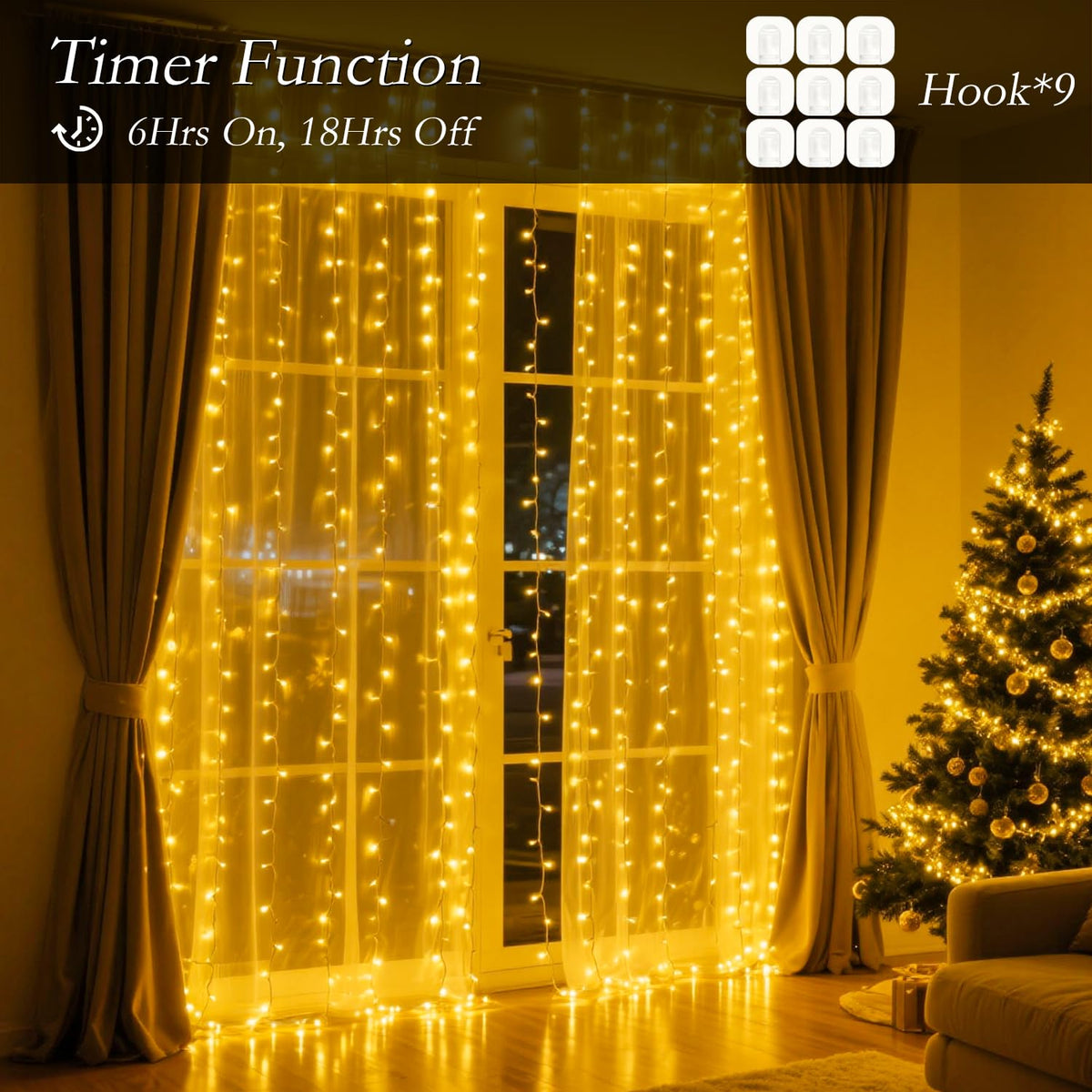 Soagrc 200 LED Warm White Curtain String Lights 9.8x6.6FT, Plug in Fairy Lights with 9 Hooks, Dimmable, Timer & 8 Modes, IP44 Waterproof, Bedroom Wall Wedding Party Christmas Indoor Outdoor Decor