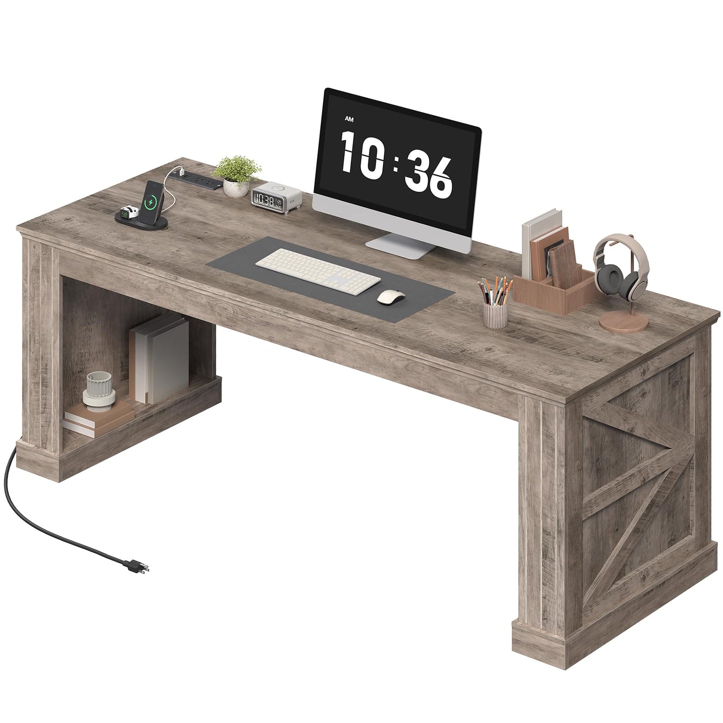 STHYTON 63-Inch Farmhouse Executive Desk, Long Computer Desk with Built-in Charging Station & Bottom Storage, Home Office Writing Study Desk for Bedroom, Living Room, Oak Gray