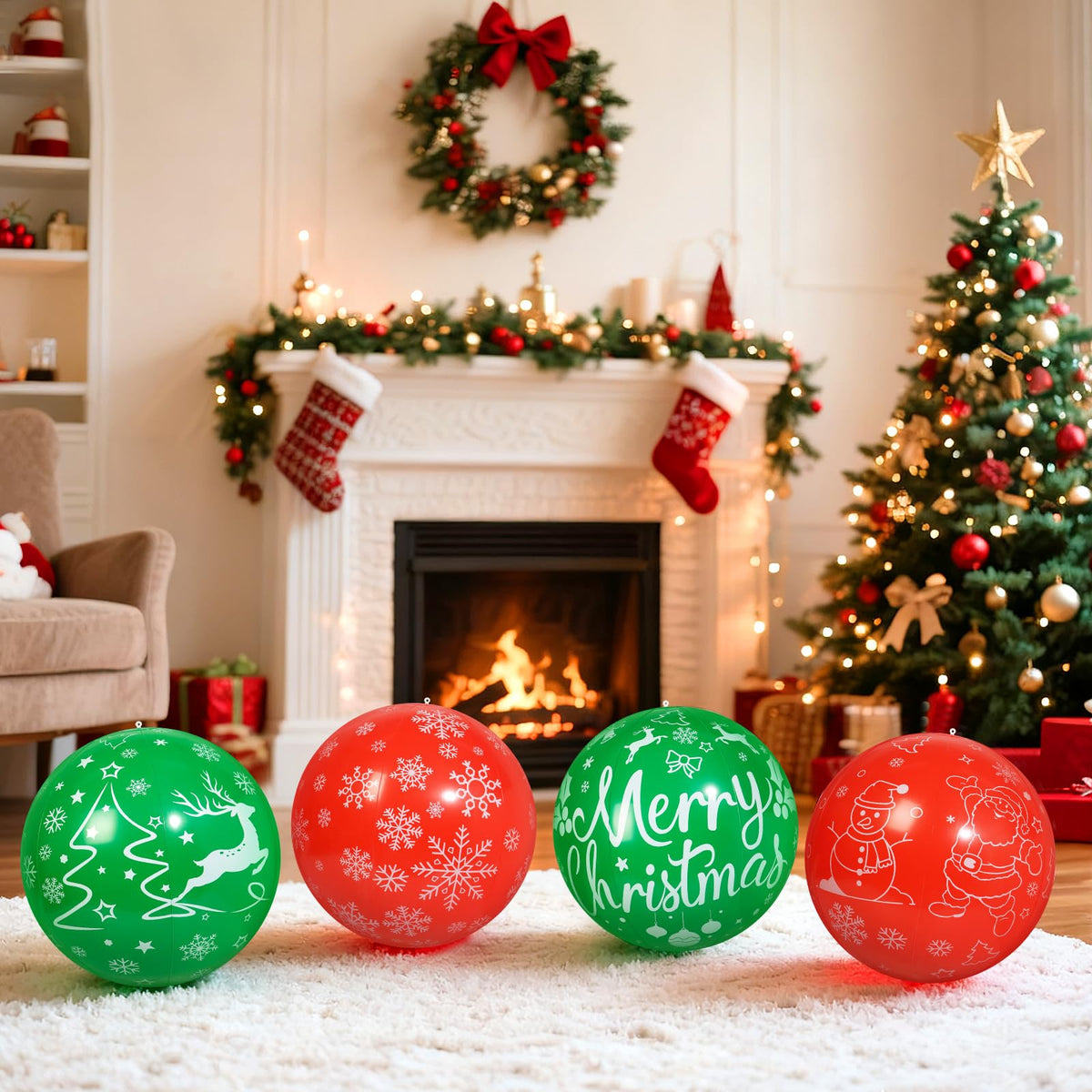 TaoQ C 4 PCS 16 Inch Christmas Inflatable Balloons PVC Hanging Christmas Inflatable Outdoor Balls for Xmas Garden Lawn Yard Holiday Front Door Decoration
