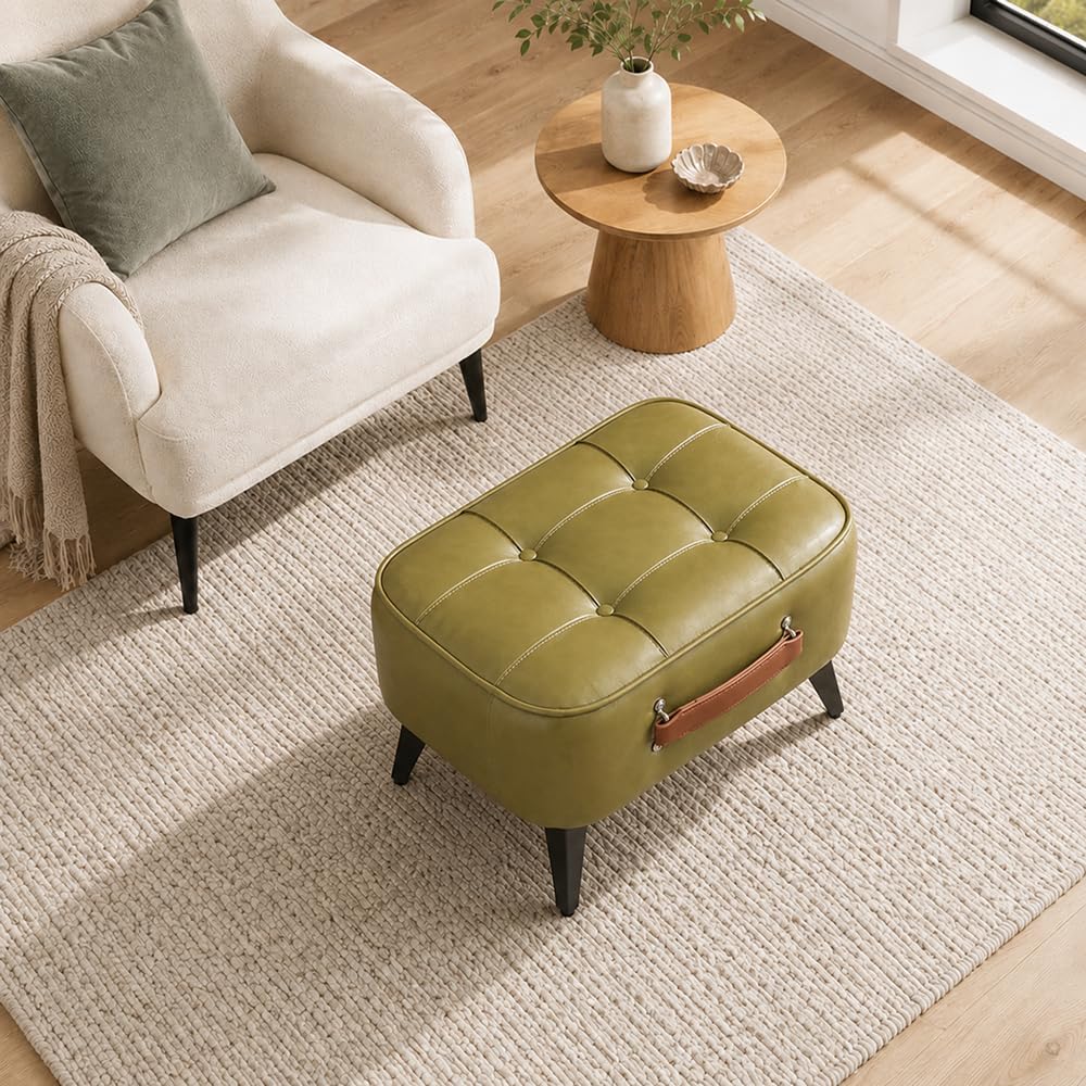 Vintage Style Faux Leather Ottoman Footstool - Wooden Frame, Upholstered Interior, Multi-Use Footrest for Living Room, Entryway, Office (Azure Green)