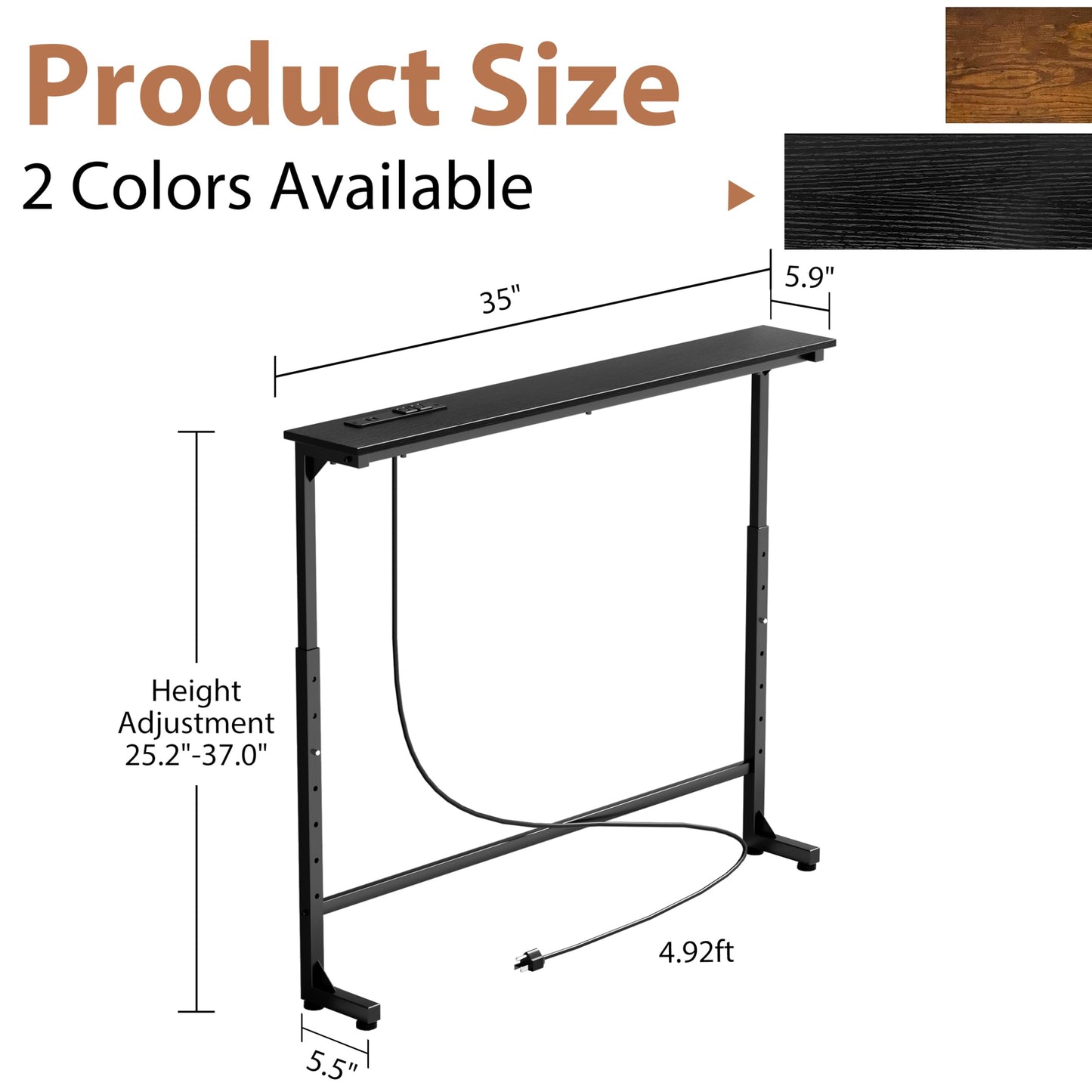 GRLEAF 35" Adjustable Height Narrow Console Table with Power Outlets, Long Sofa Table with Charging Station Behind Couch Table Skinny Entryway Table for Living Room, Hallway and Office – Black