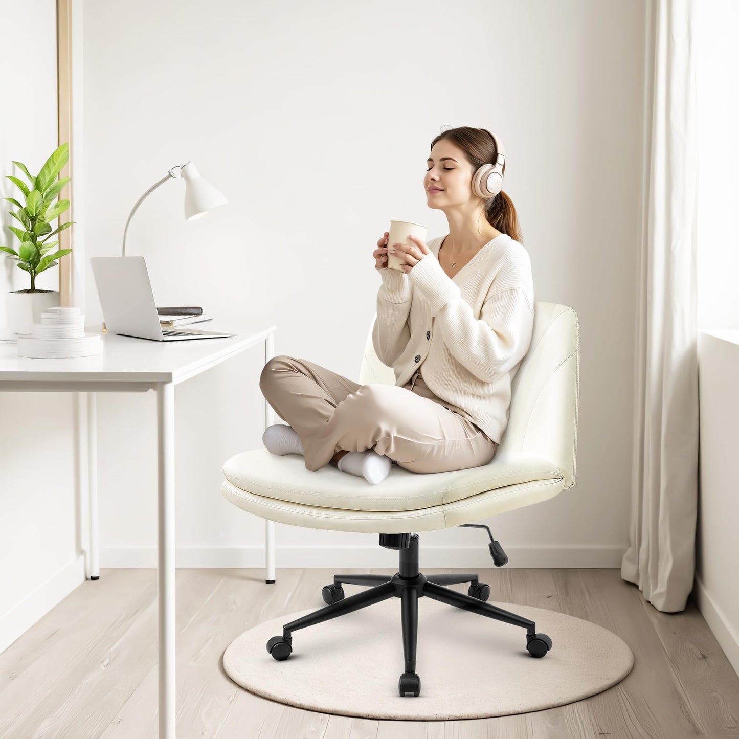Orange Factory Criss Cross Chair with Wheels Comfy Wide Vanity Desk Chair Dual Base Leather Armless Adjustable Swivel for Home Computer Task (Beige Pu, Faux Leather)
