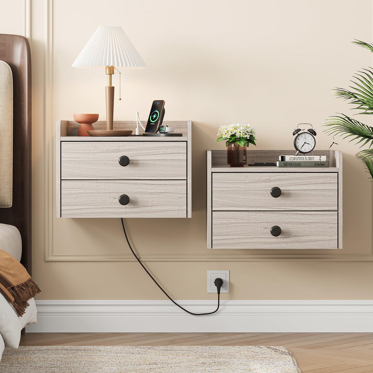 Floating Nightstand Set of 2 with 2 Storage Drawers and Charging Station Wood Wall Mounted Bedside End Table Modern Night Stands Set 2 for Bedroom,Small Space,Grey Black