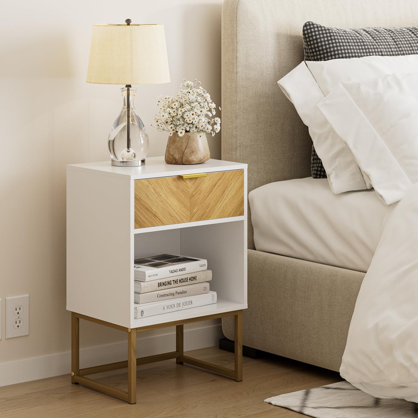 Masupu Night Stand,Bed Side Table Modern Nightstand Boho Wood with Storage Drawer Side End Table for Bedroom,Living Room,Office,White